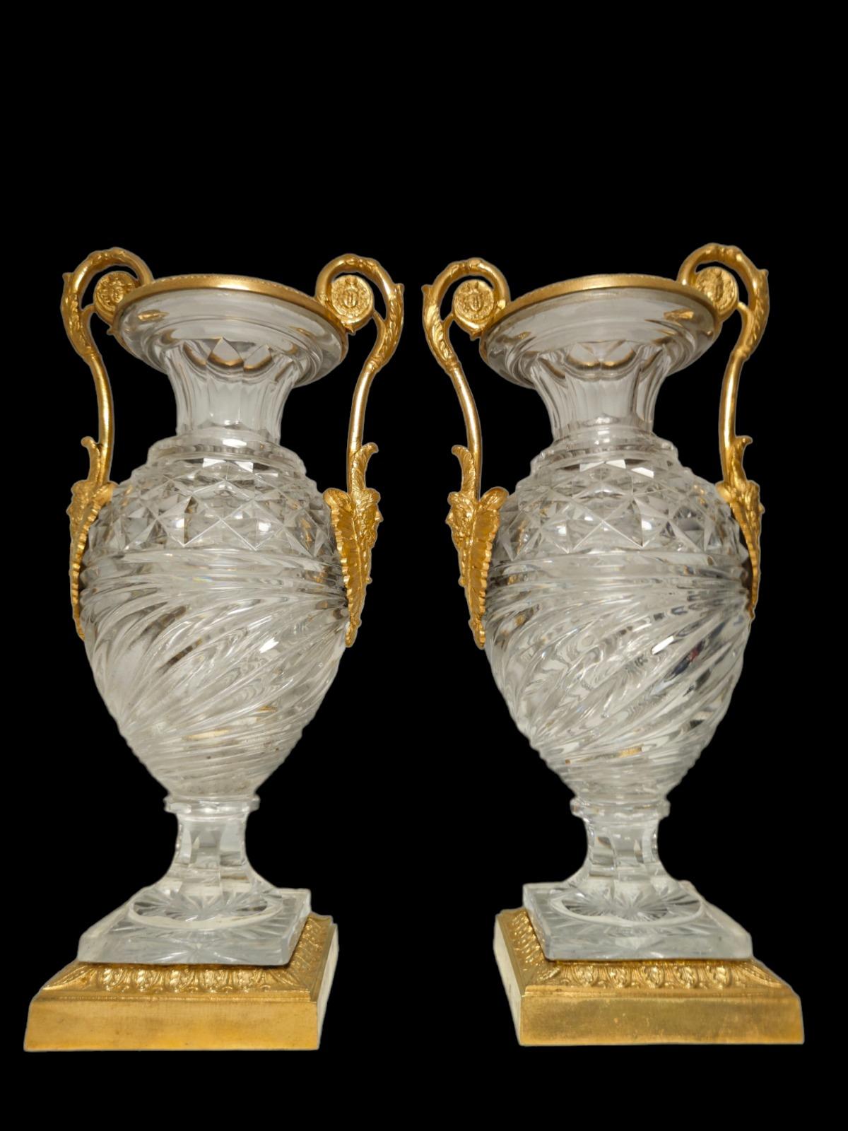 Hand-Crafted A PAIR OF RUSSIAN BRONZE CUT CRYSTAL VASES. 19th Century For Sale