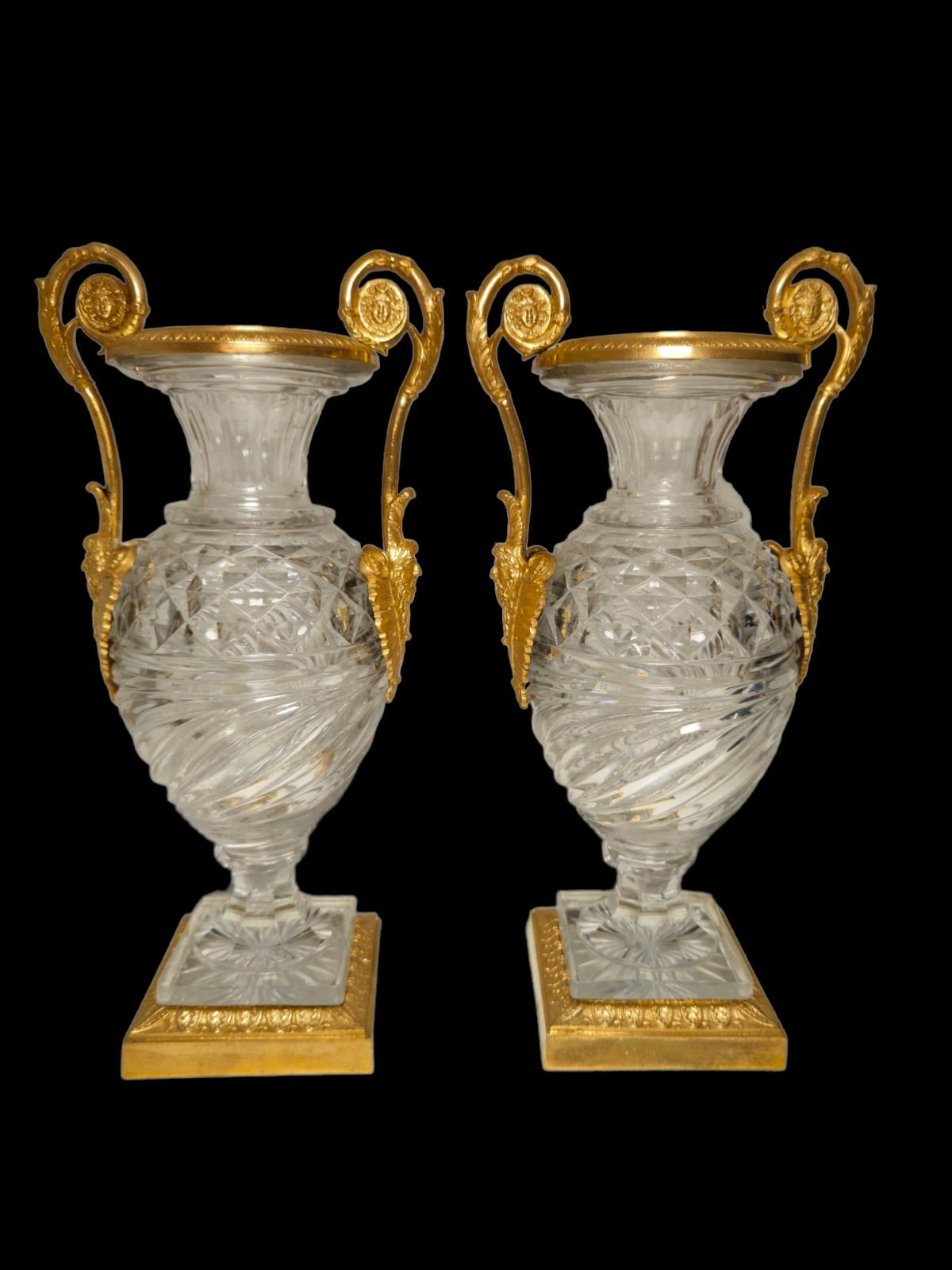 Bronze A PAIR OF RUSSIAN BRONZE CUT CRYSTAL VASES. 19th Century For Sale