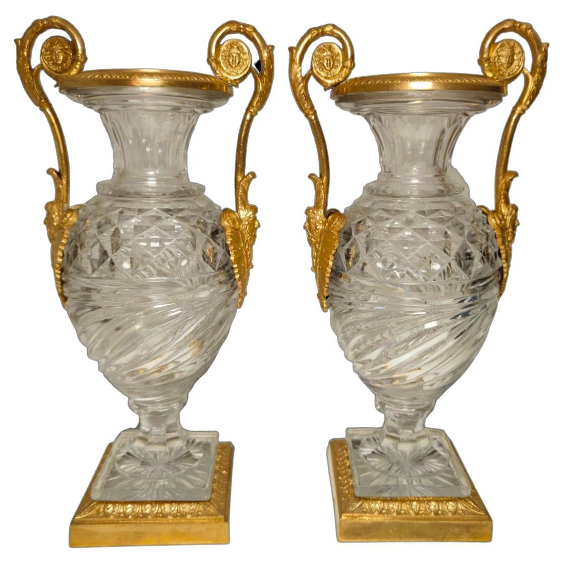A PAIR OF RUSSIAN BRONZE CUT CRYSTAL VASES. 19th Century For Sale