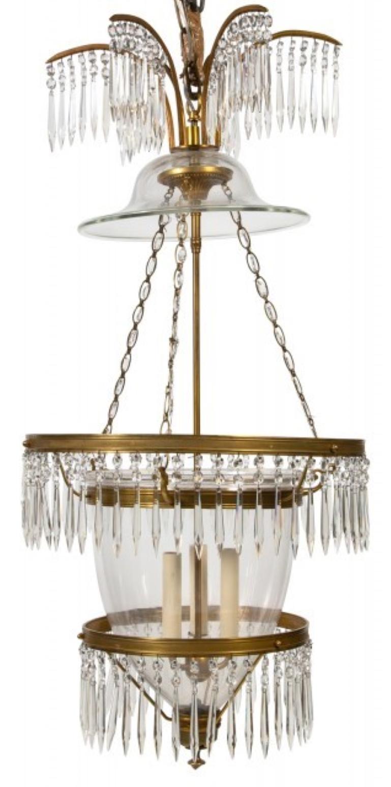 Neoclassical Pair of Russian Crystal & Ormolu Mounted Three-Light Lantern Chandeliers For Sale