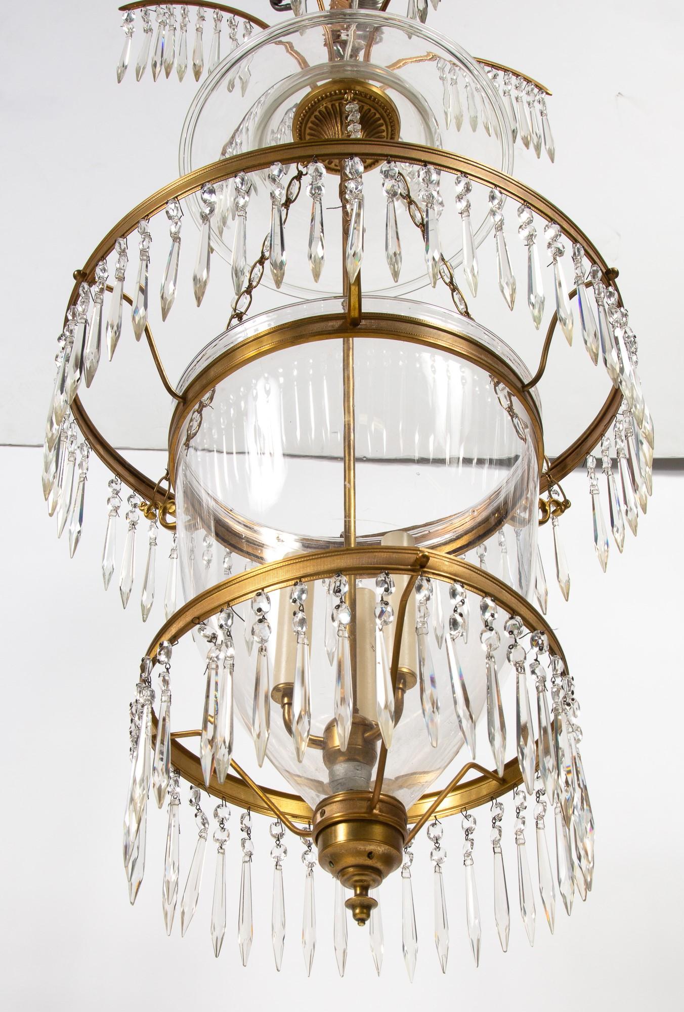 Gilt Pair of Russian Crystal & Ormolu Mounted Three-Light Lantern Chandeliers For Sale