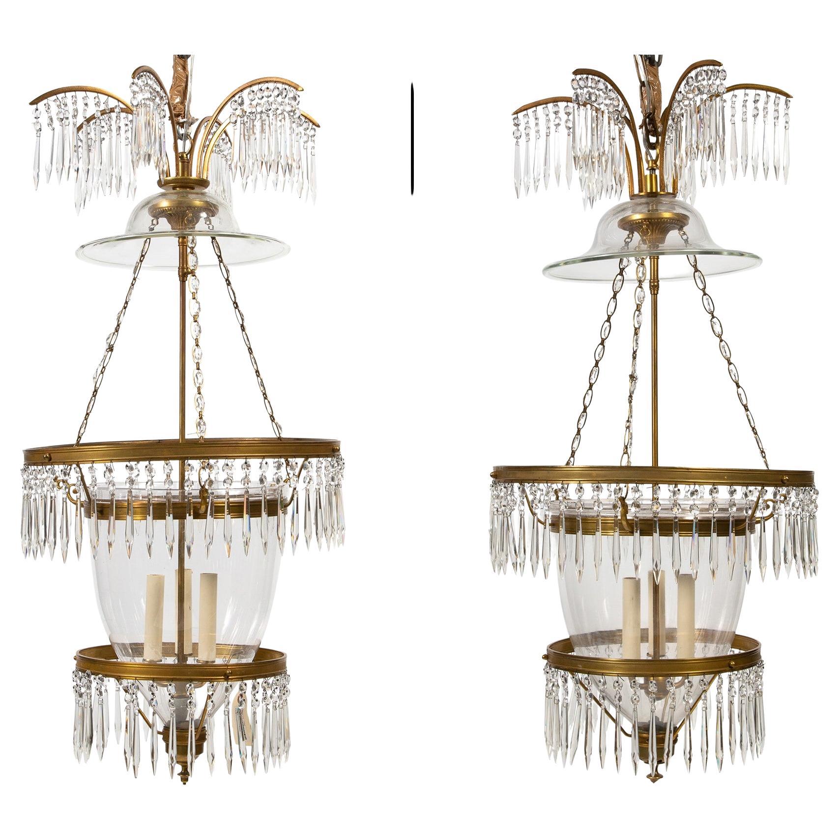 Pair of Russian Crystal & Ormolu Mounted Three-Light Lantern Chandeliers For Sale