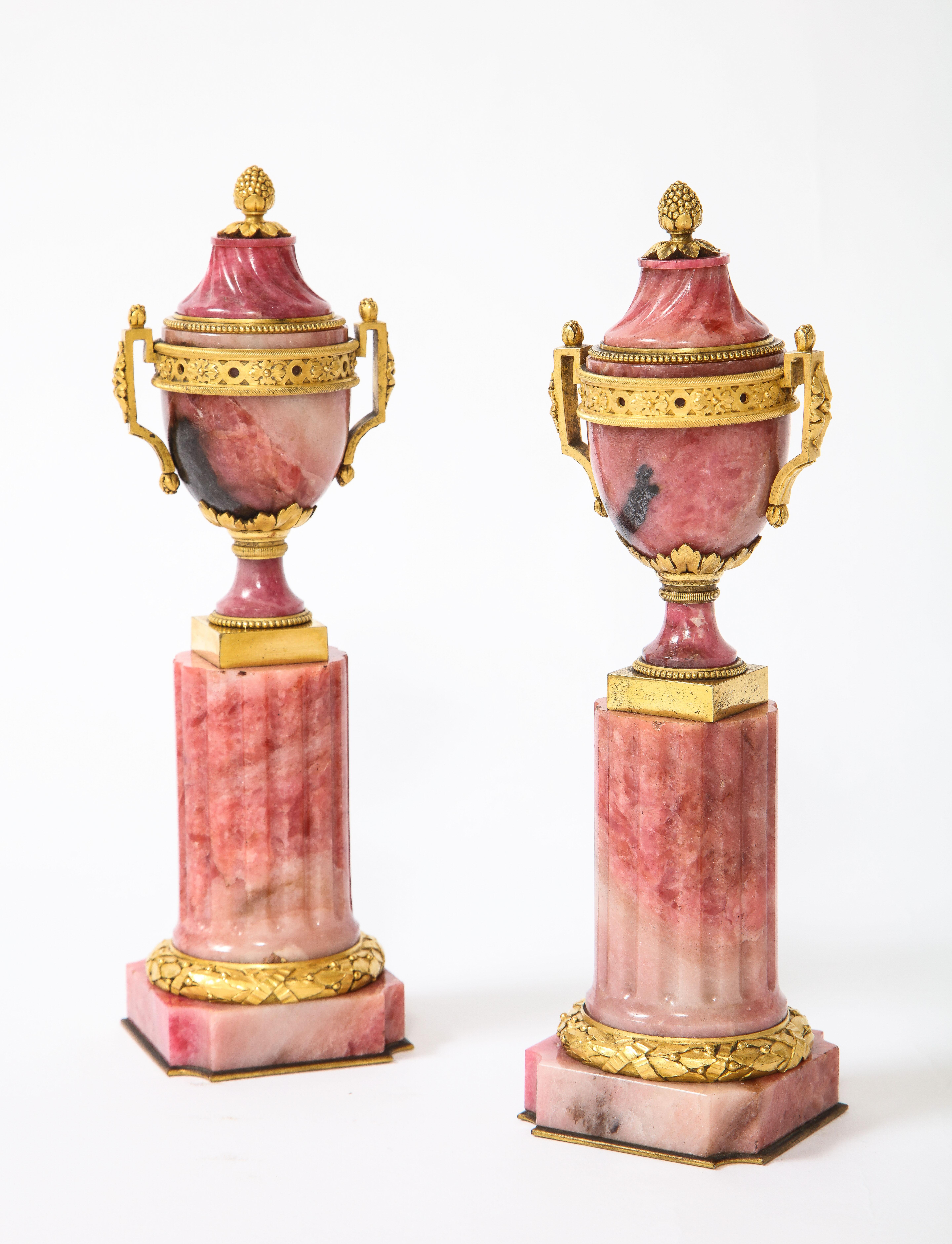 Hand-Carved Pair of Russian Louis XVI Style Dore Bronze Mounted Rhodanite Cassolettes For Sale
