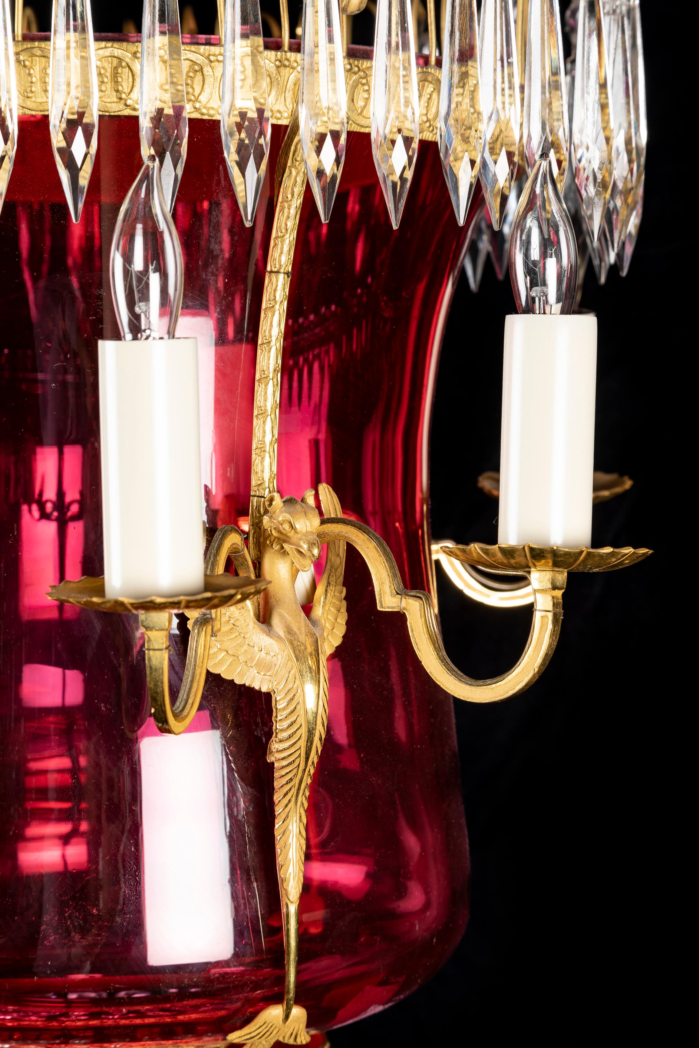 A Pair of Russian Neoclassical Cranberry glass & Gilt Bronze Lantern Chandeliers For Sale 6