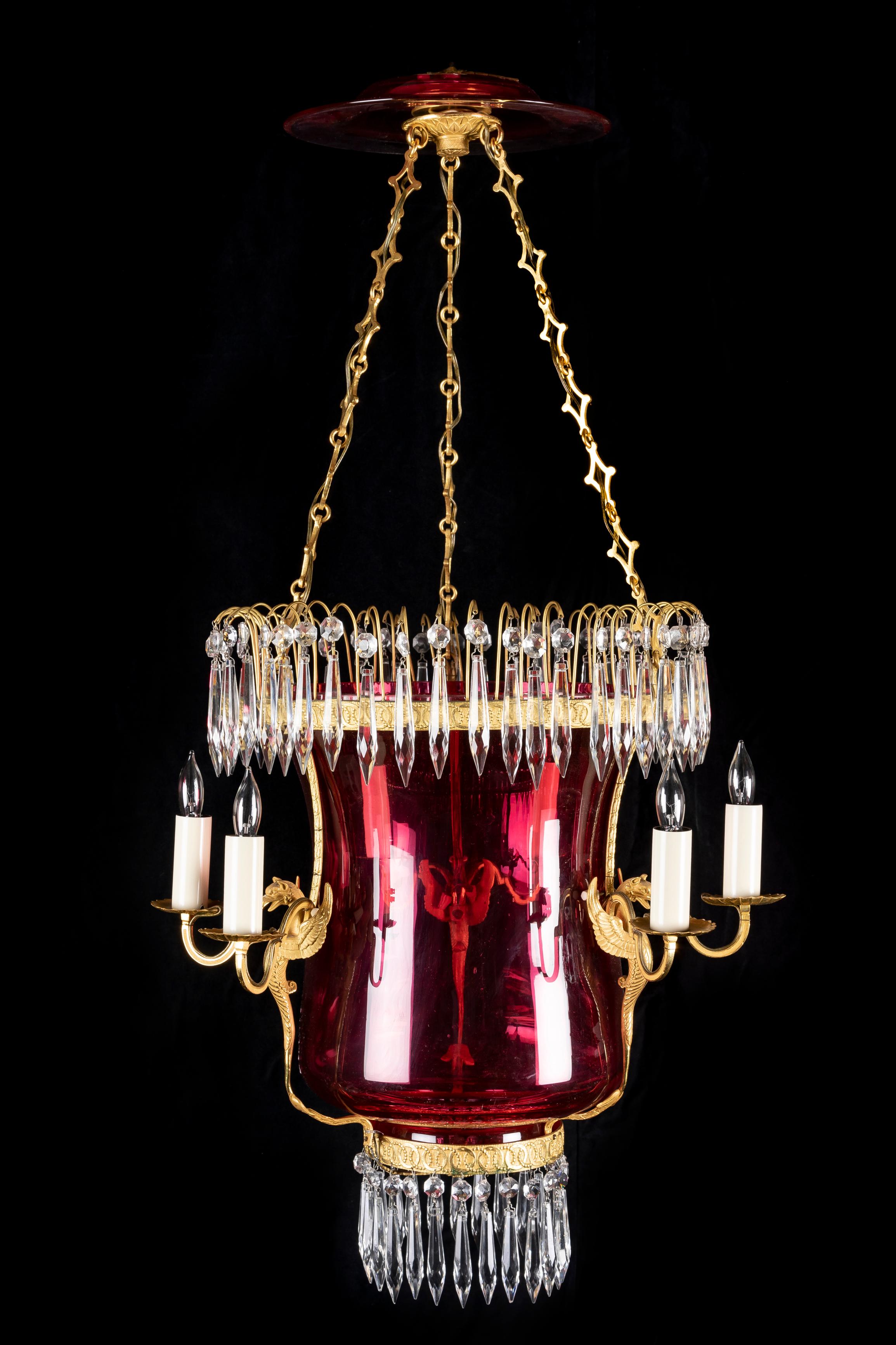 A Pair of Russian Neoclassical Cranberry glass & Gilt Bronze Lantern Chandeliers In Good Condition For Sale In New York, NY
