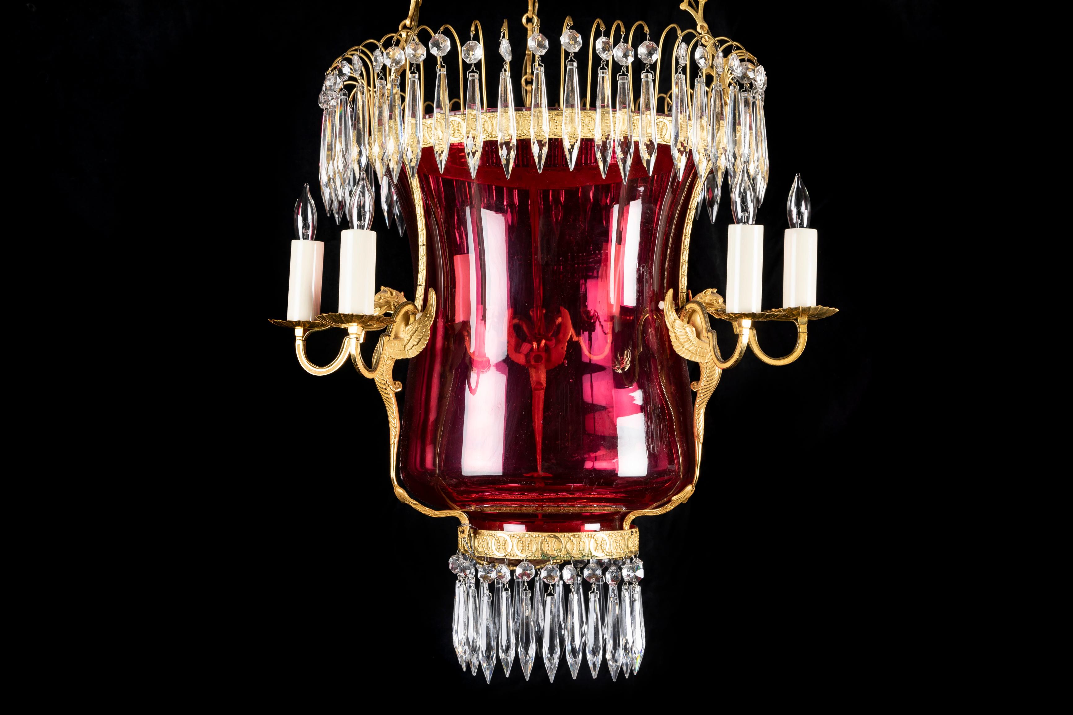 19th Century A Pair of Russian Neoclassical Cranberry glass & Gilt Bronze Lantern Chandeliers For Sale