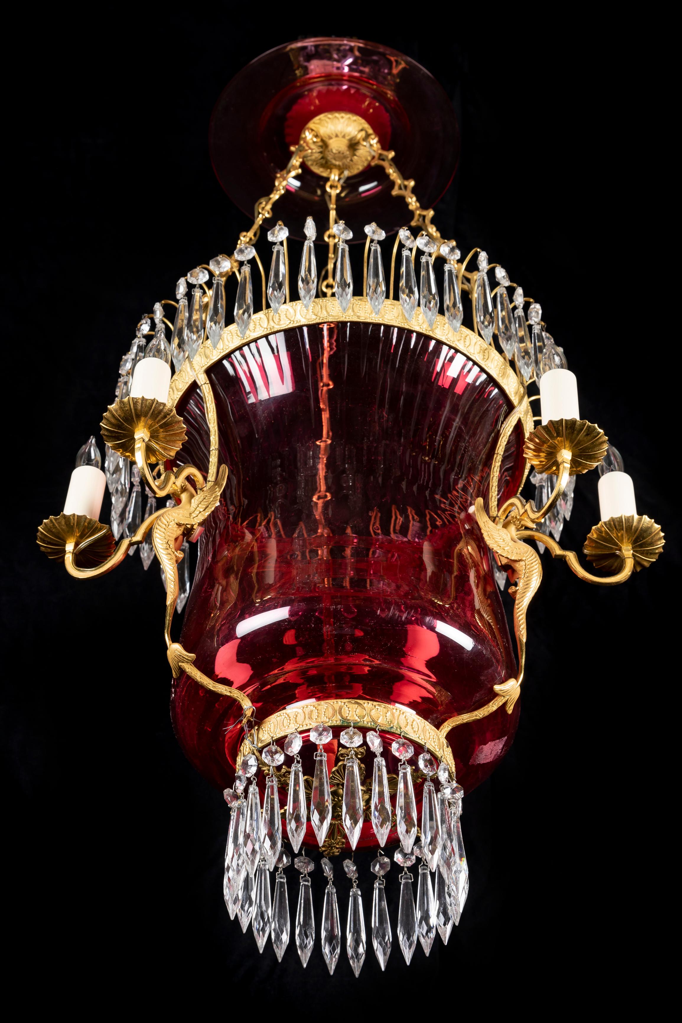A Pair of Russian Neoclassical Cranberry glass & Gilt Bronze Lantern Chandeliers For Sale 1