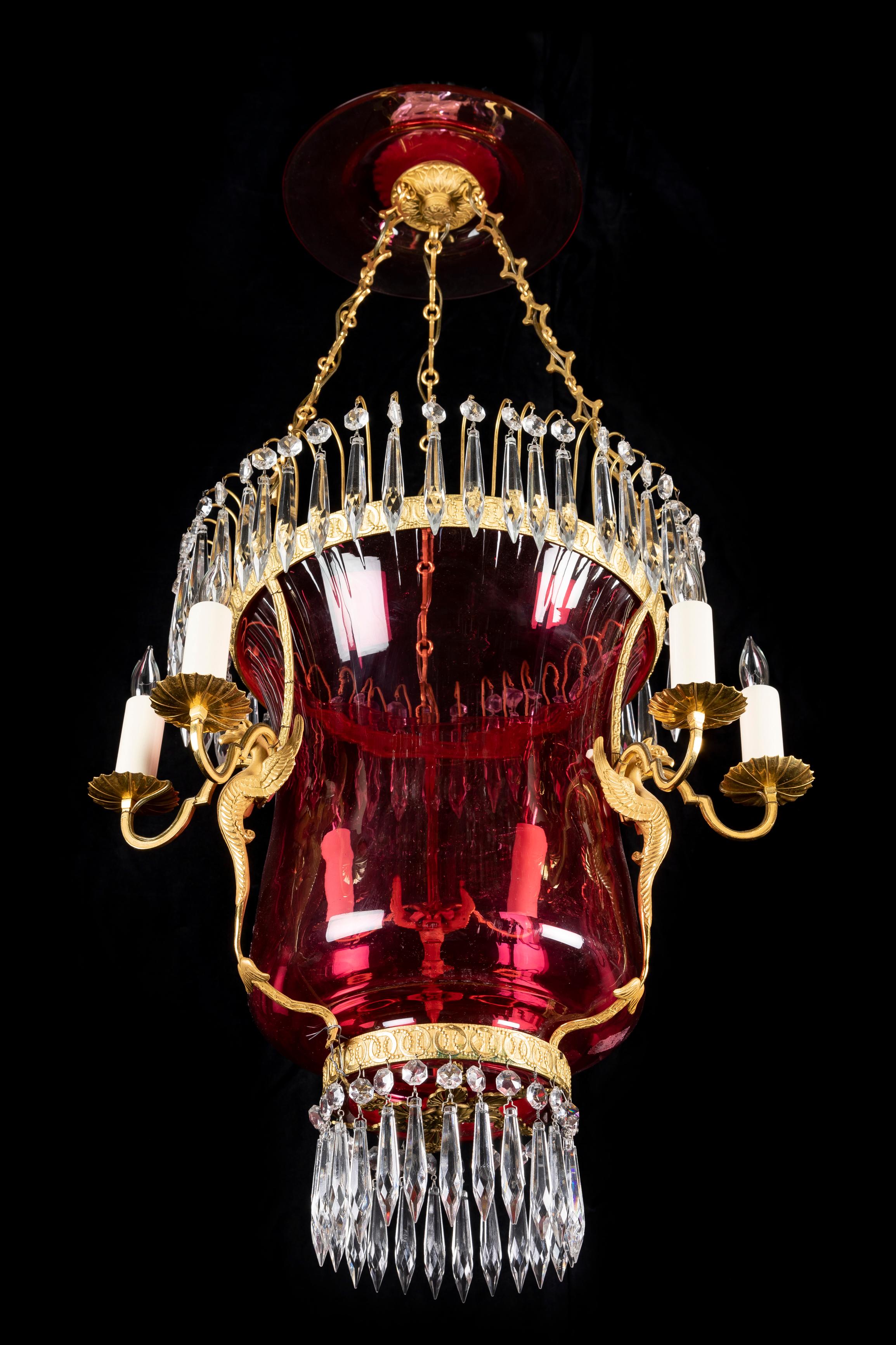 A Pair of Russian Neoclassical Cranberry glass & Gilt Bronze Lantern Chandeliers For Sale 2