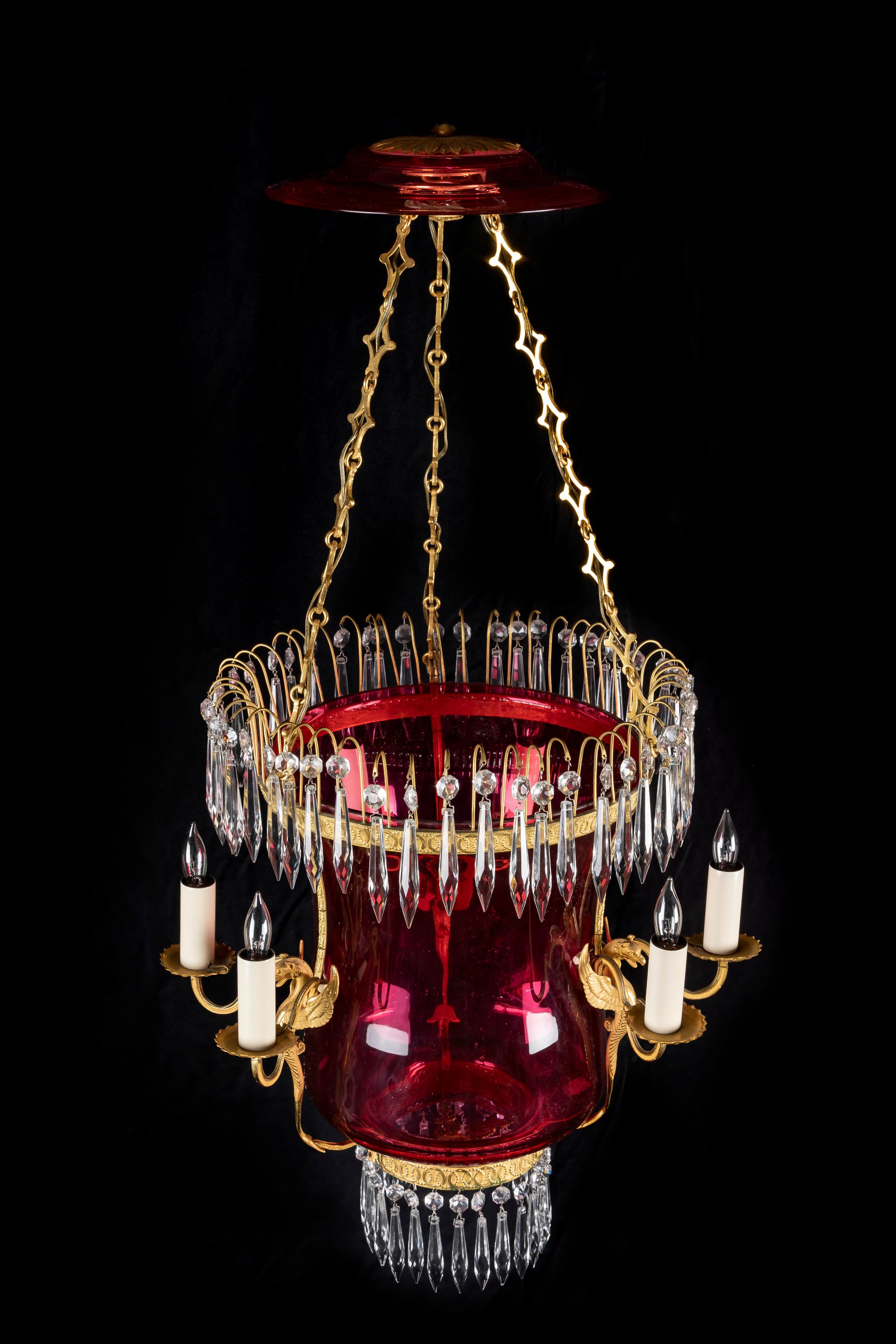 A Pair of Russian Neoclassical Cranberry glass & Gilt Bronze Lantern Chandeliers For Sale 3