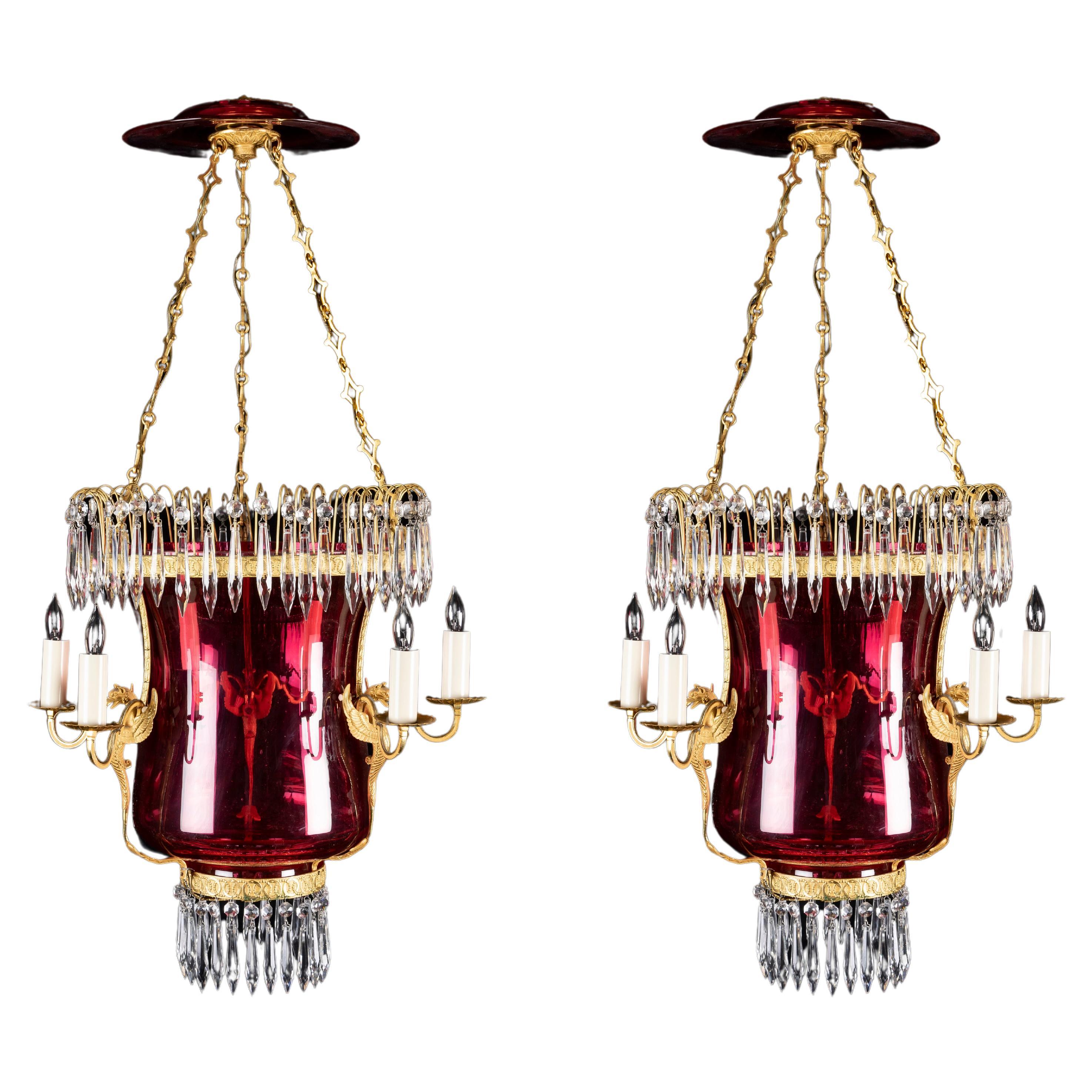 A Pair of Russian Neoclassical Cranberry glass & Gilt Bronze Lantern Chandeliers For Sale