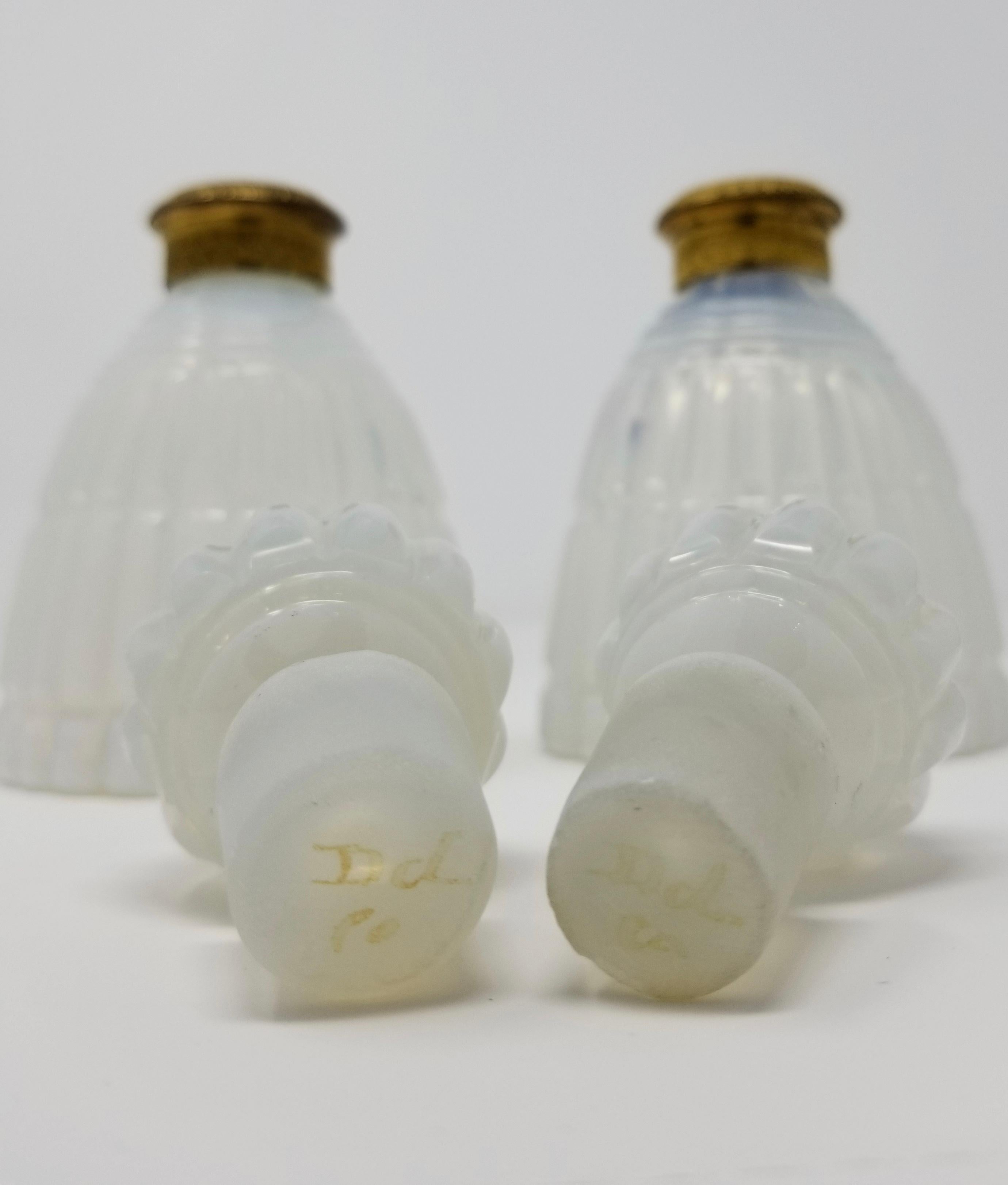 Hand-Carved Pair of Russian Ormolu Mounted Fluted White Opaline Crystal Covered Bottles For Sale
