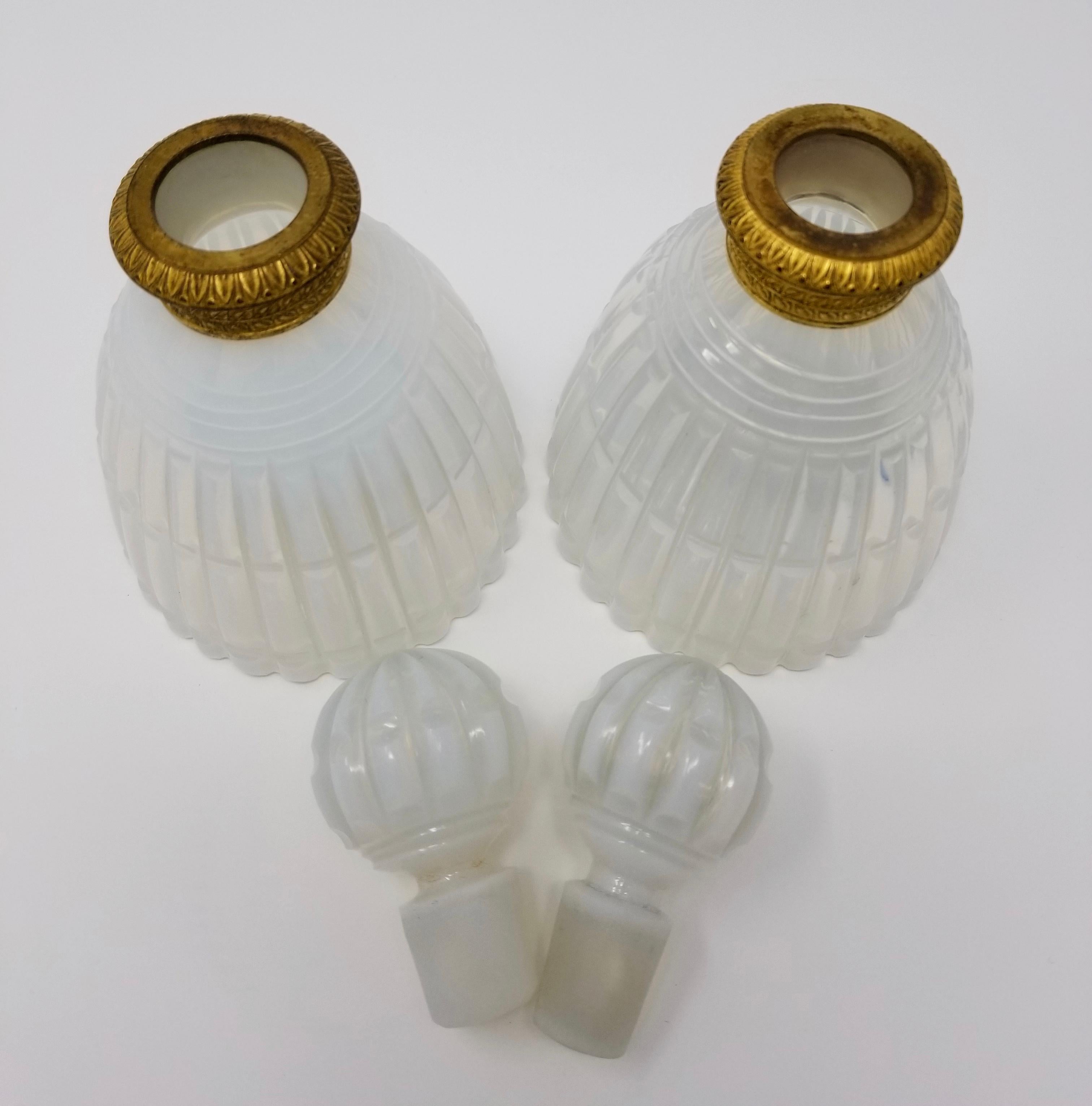 Pair of Russian Ormolu Mounted Fluted White Opaline Crystal Covered Bottles In Good Condition For Sale In New York, NY