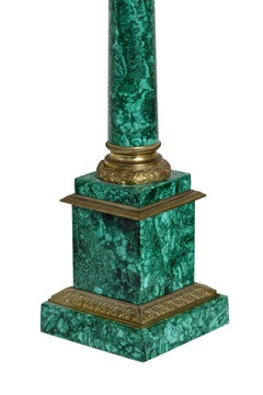 Pair of Russian Style Gilt-Bronze Mounted Malachite Three-Light Candelabra