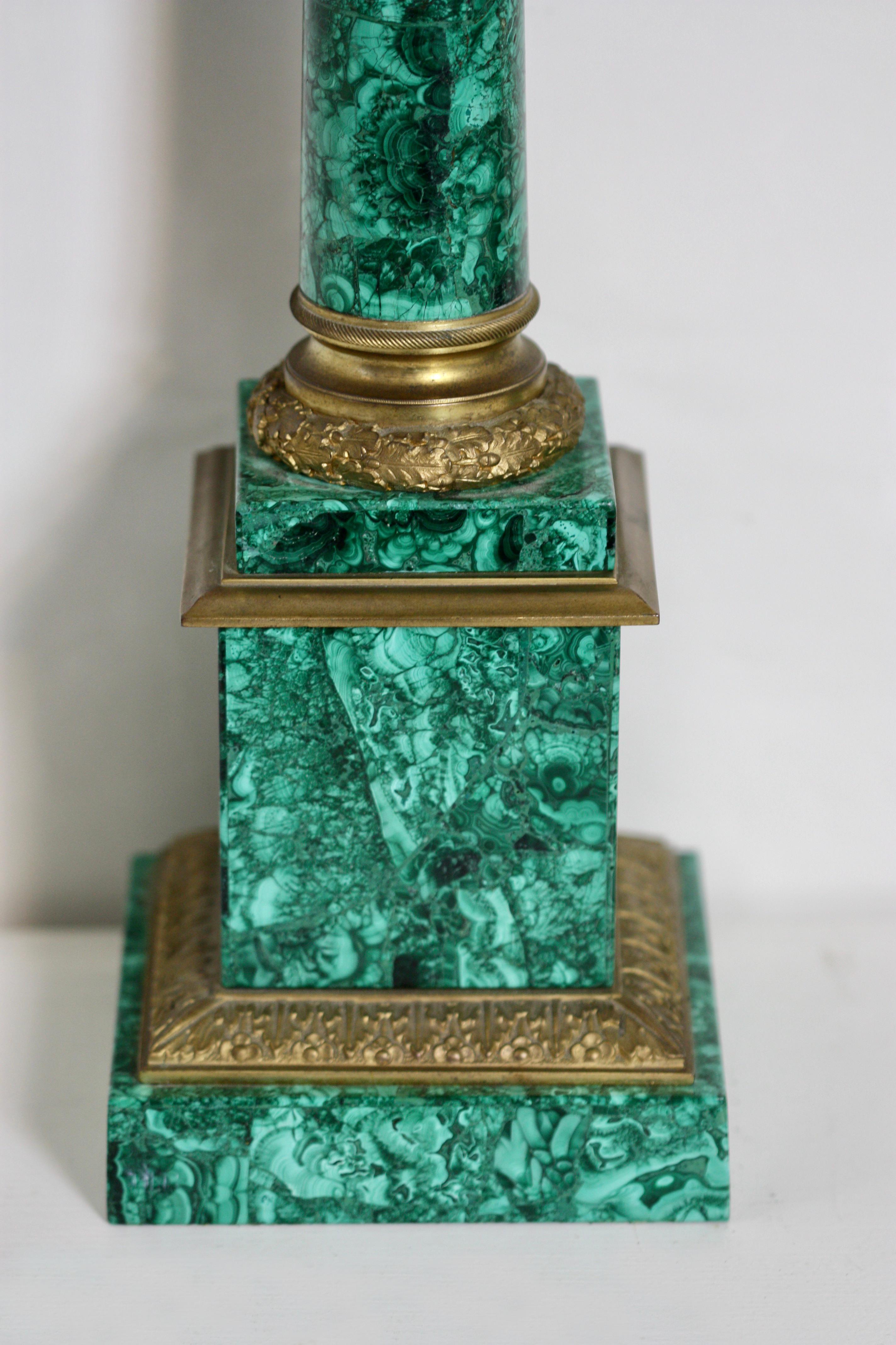 Pair of Russian Style Gilt-Bronze Mounted Malachite Three-Light Candelabra In Good Condition For Sale In West Palm Beach, FL
