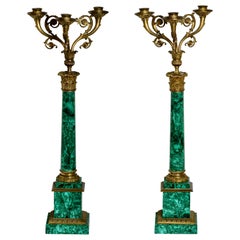 Pair of Russian Style Gilt-Bronze Mounted Malachite Three-Light Candelabra