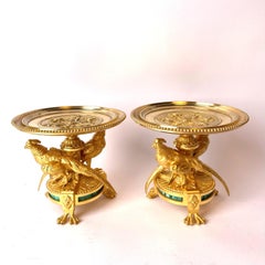 Pair of Tazza with Pheasant in Gilded Bronze and Malachite
