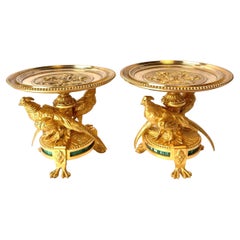 Pair of Tazza with Pheasant in Gilded Bronze and Malachite