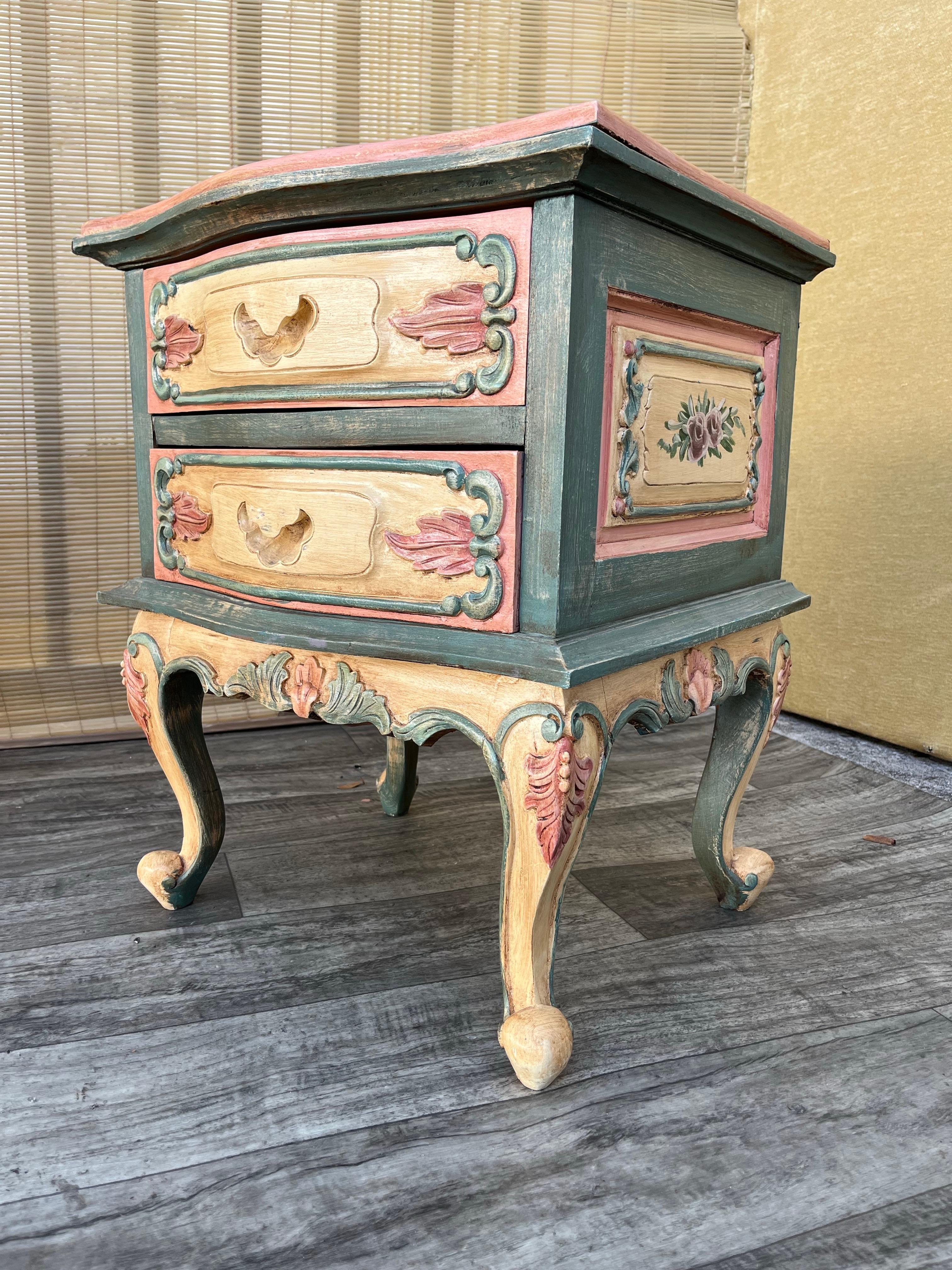 A Pair of Rustic Bohemian Style hand-crafted Venetian Rococo Style Nightstands. For Sale 9