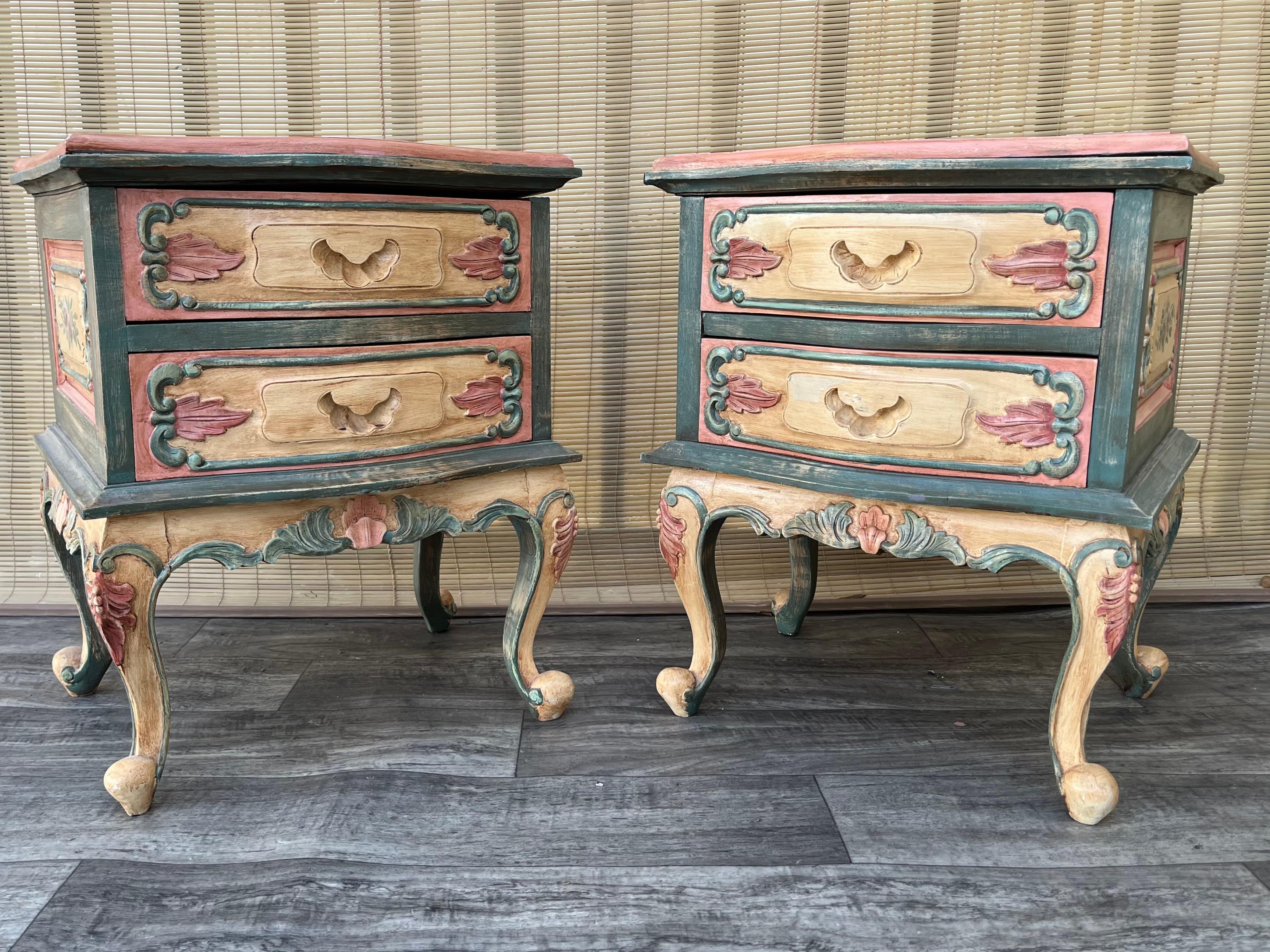 A Pair of Rustic Bohemian Style hand-crafted Venetian Rococo Style Nightstands.
Features solid wood frames with intricate hand-carved and hand-painted details in a beautiful rustic bohemian style, with two drawers for plenty of storage room. 
In