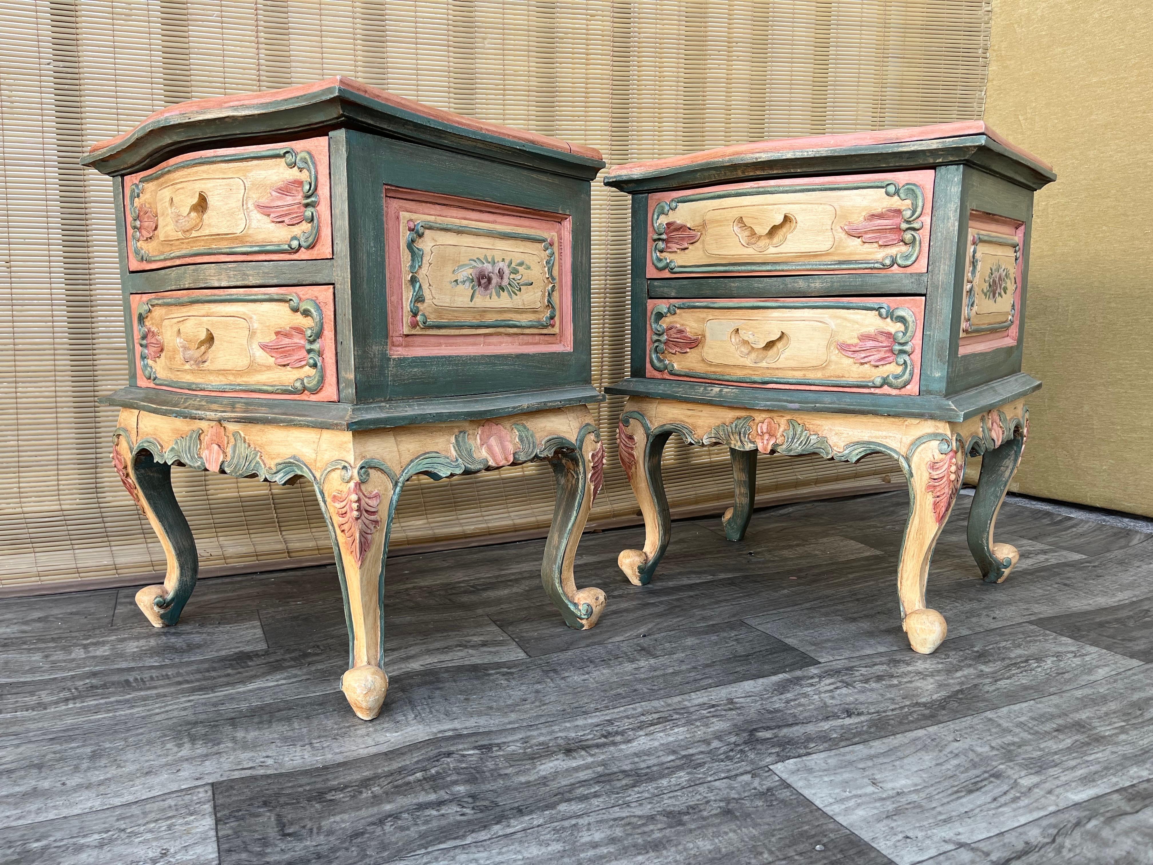Hand-Carved A Pair of Rustic Bohemian Style hand-crafted Venetian Rococo Style Nightstands. For Sale