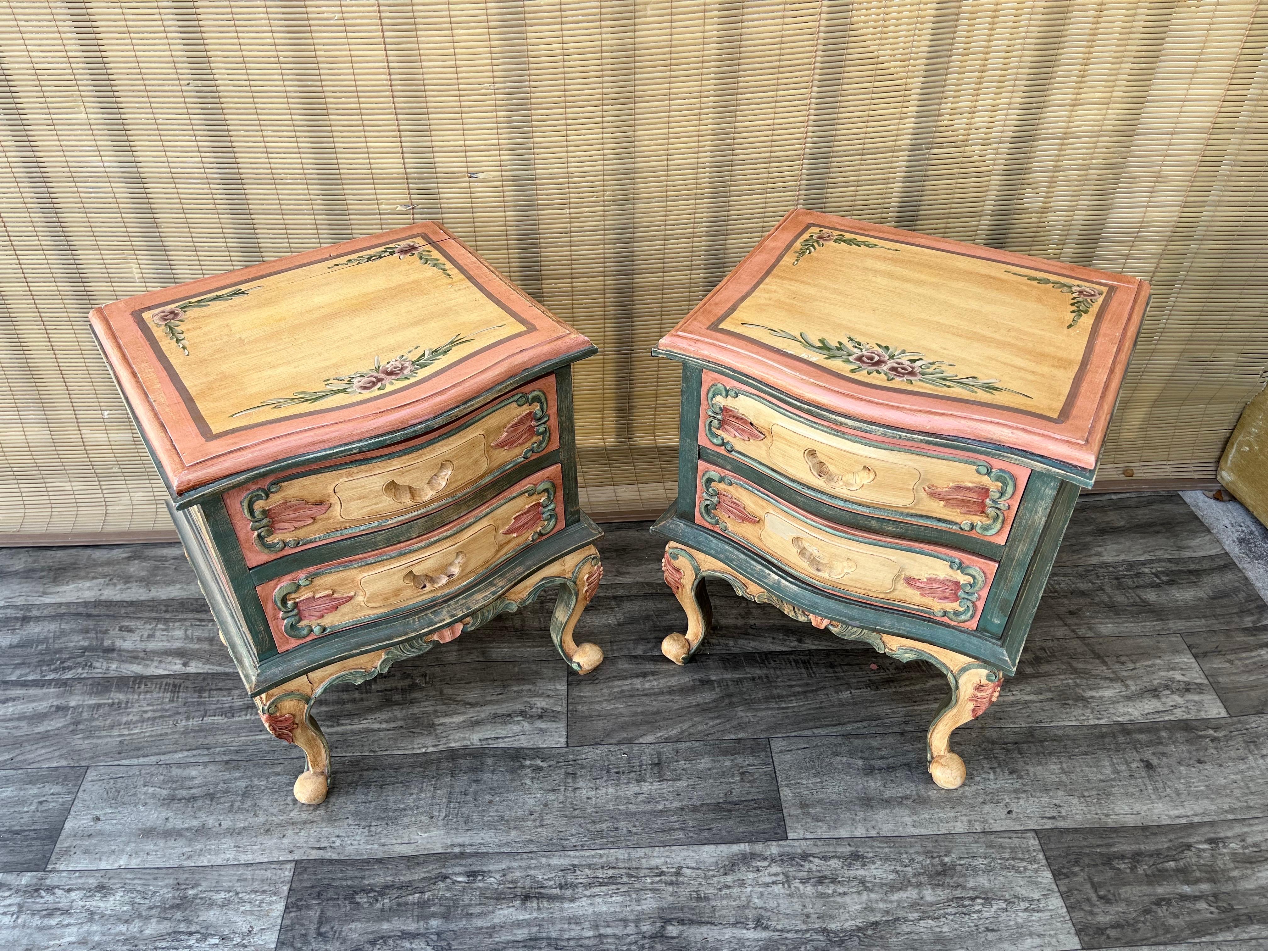 A Pair of Rustic Bohemian Style hand-crafted Venetian Rococo Style Nightstands. In Good Condition For Sale In Miami, FL