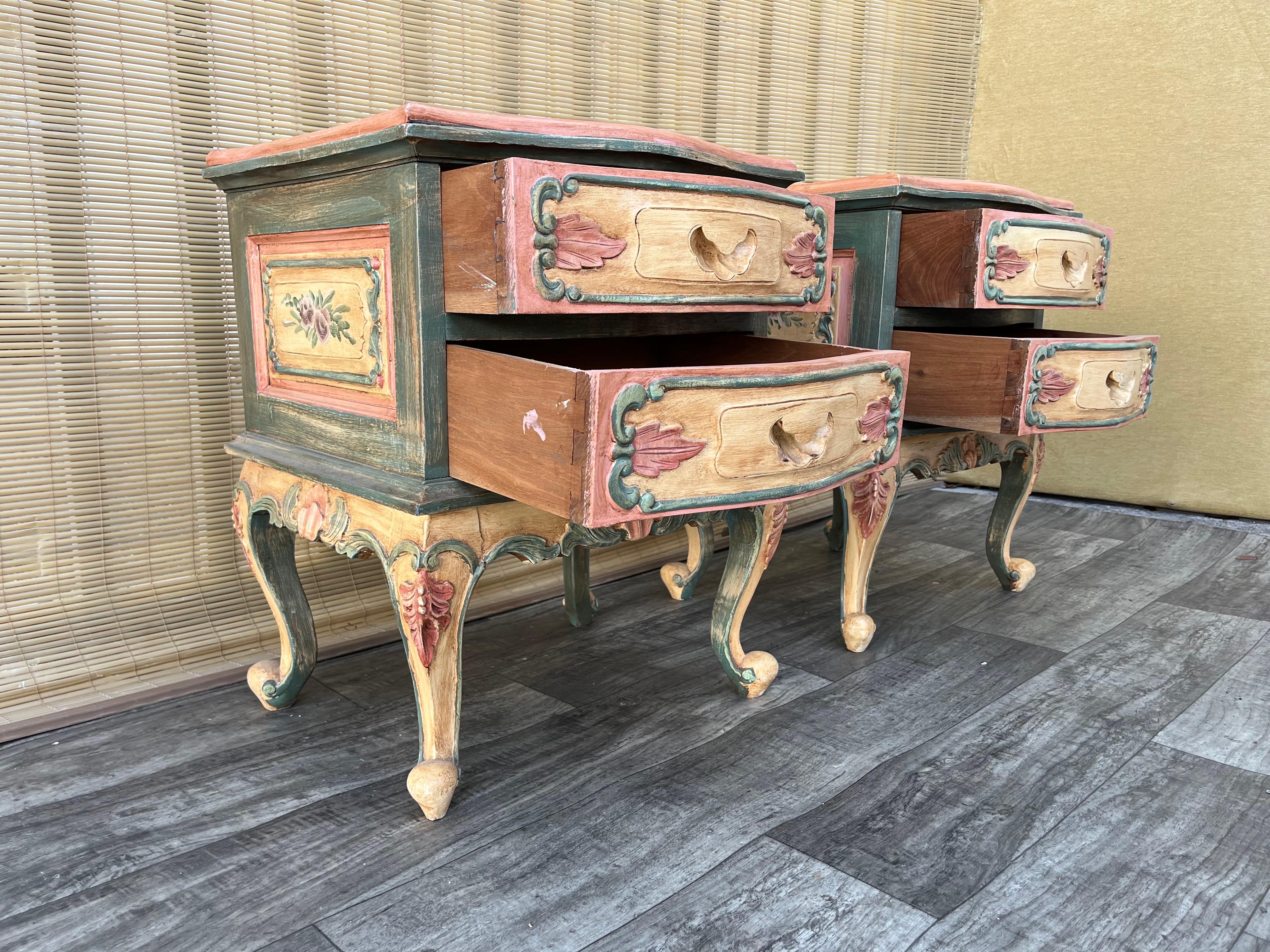 20th Century A Pair of Rustic Bohemian Style hand-crafted Venetian Rococo Style Nightstands. For Sale