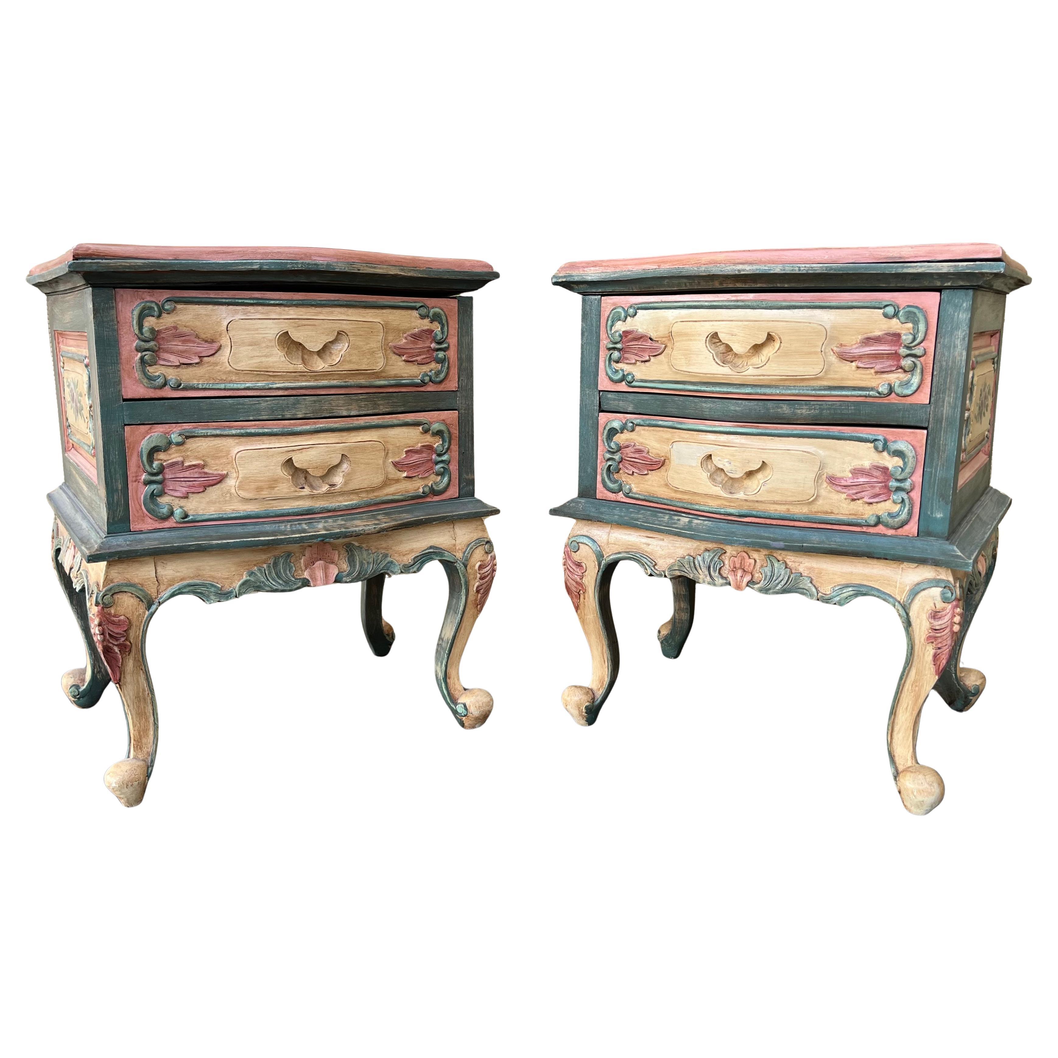 A Pair of Rustic Bohemian Style hand-crafted Venetian Rococo Style Nightstands. For Sale