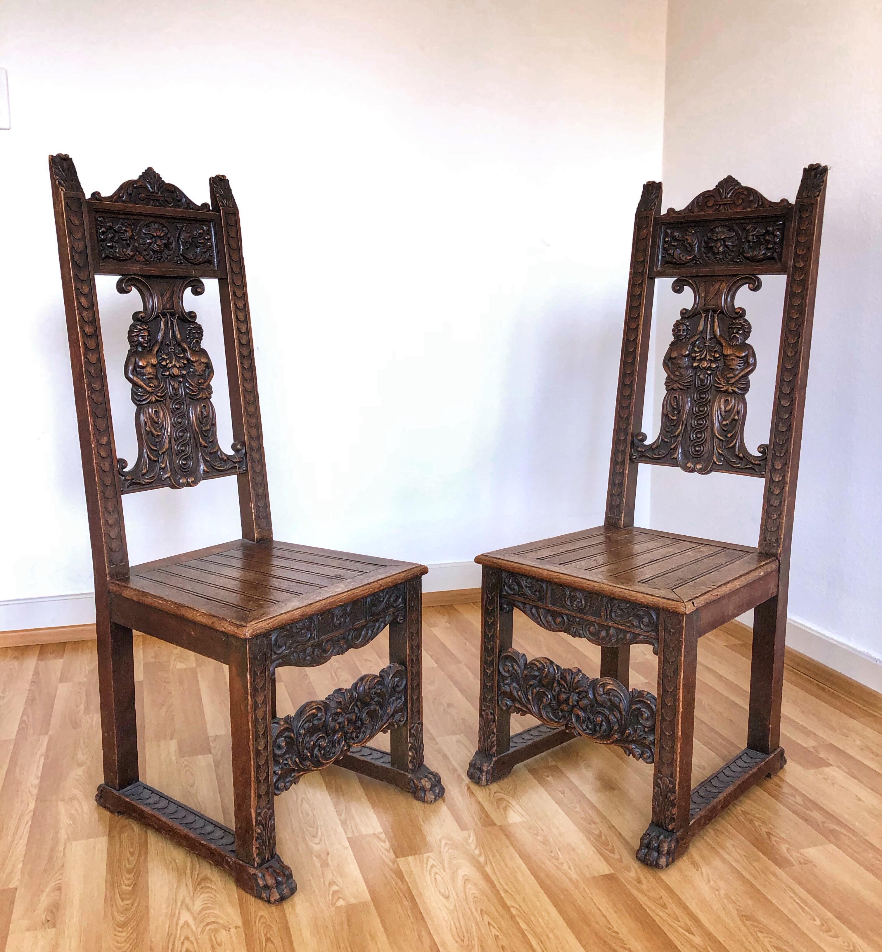 Beautiful rustic pair of Italian / Switzerland carved chairs
A man and a women 
Lion legs 
Measures: H 115 cm x W 43 cm x D 38 cm.