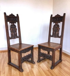 SALE Pair of Rustic Carved Wood Renaissance Style Italian Side Chairs