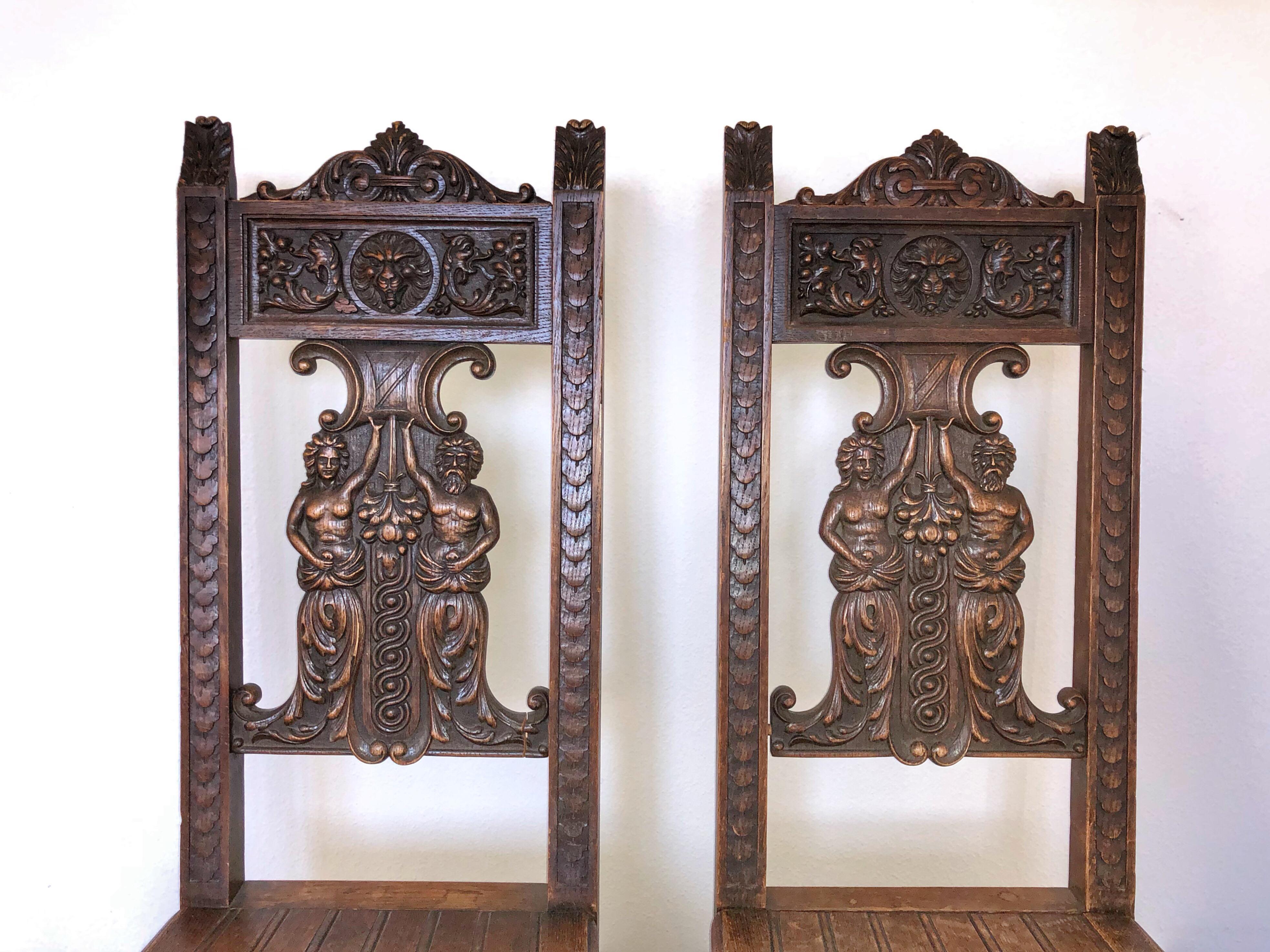 SALE Pair of Rustic Carved Wood Renaissance Style Italian Side Chairs In Good Condition In Sofia, BG