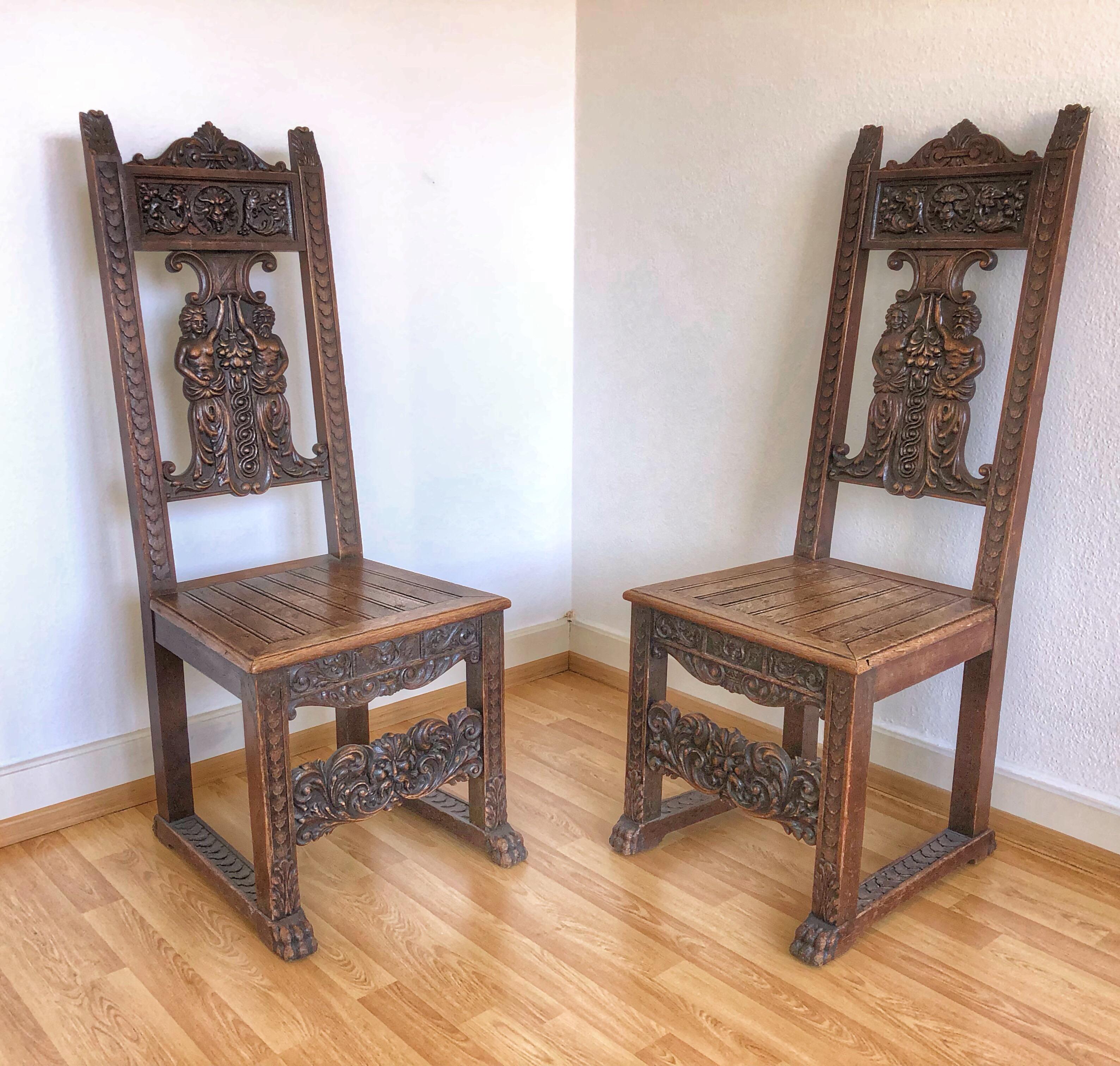 19th Century SALE Pair of Rustic Carved Wood Renaissance Style Italian Side Chairs