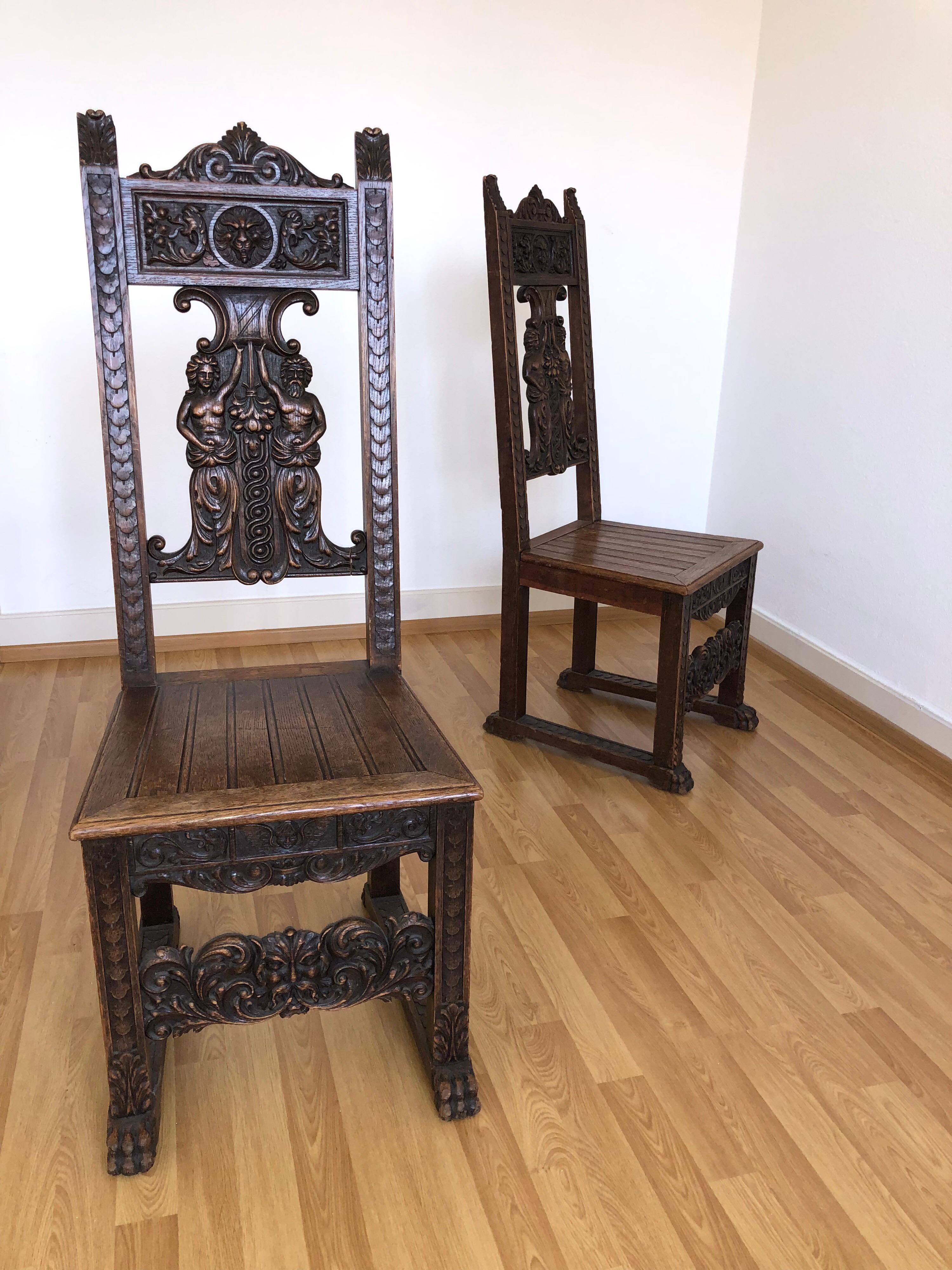 SALE Pair of Rustic Carved Wood Renaissance Style Italian Side Chairs 1