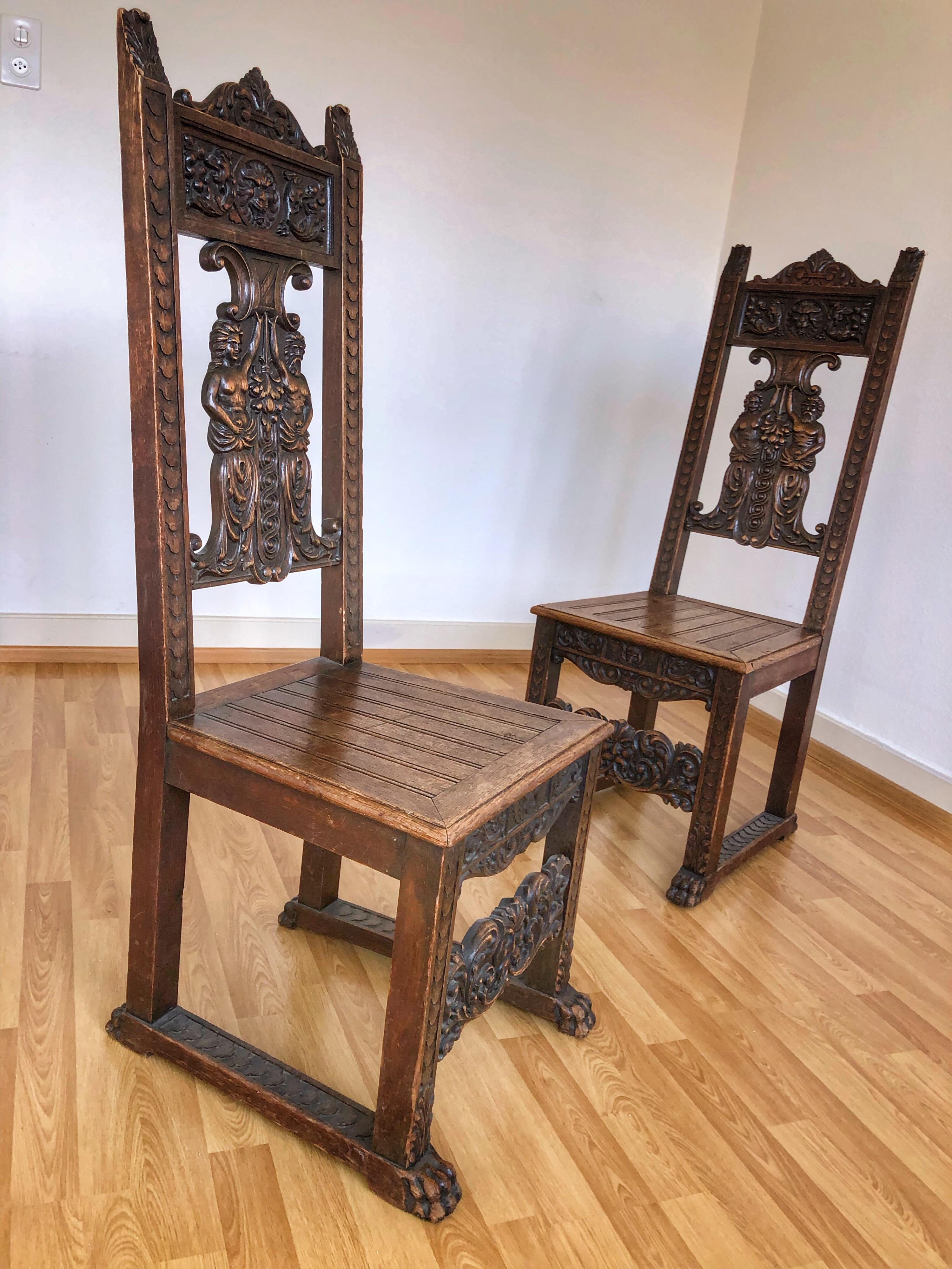SALE Pair of Rustic Carved Wood Renaissance Style Italian Side Chairs 3