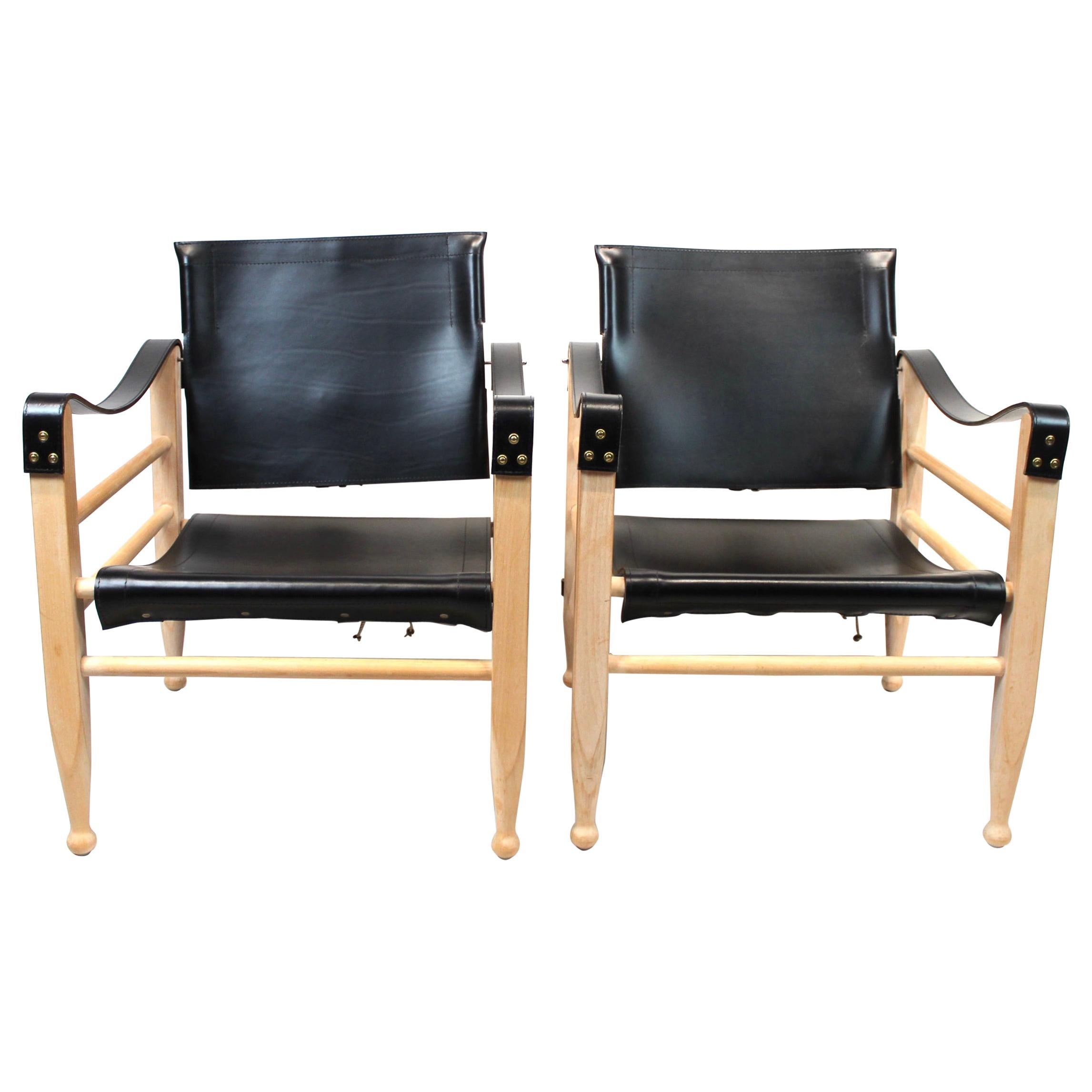 Pair of Safari Chairs by Aage Bruun & Son of Black Leather, 1960s