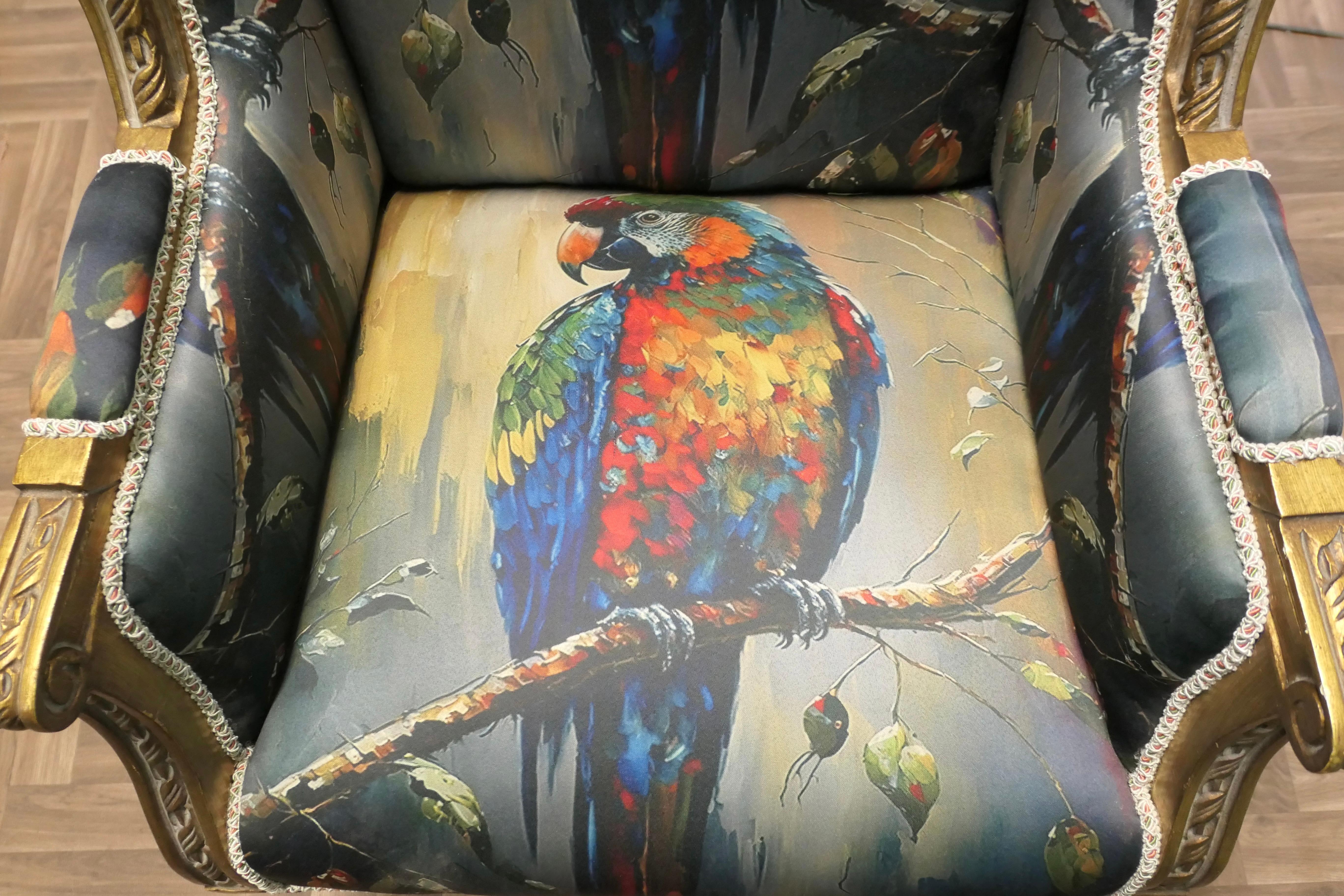 19th Century A Pair of Salon Chairs with Silk Parrot Design For Sale