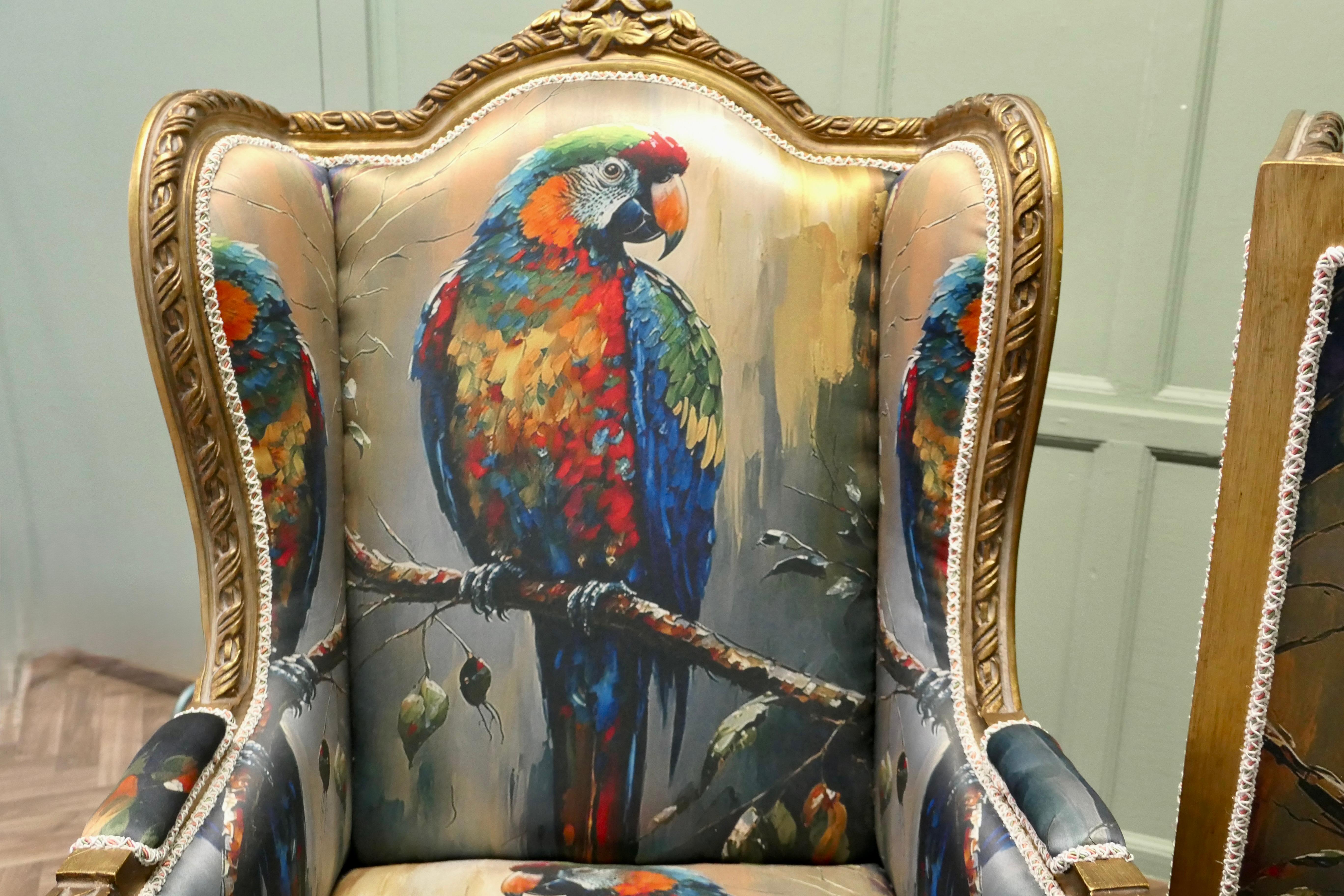 A Pair of Salon Chairs with Silk Parrot Design For Sale 1
