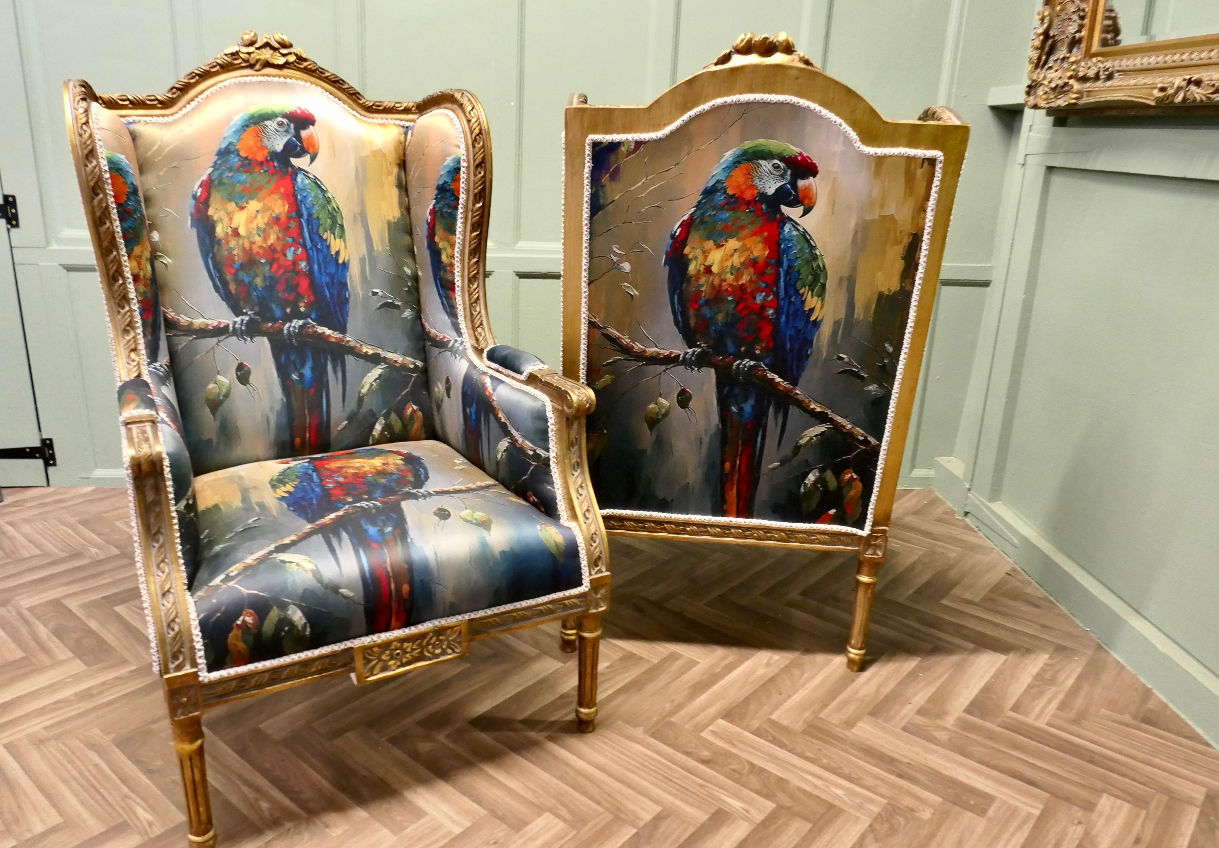 A Pair of Salon Chairs with Silk Parrot Design For Sale 2