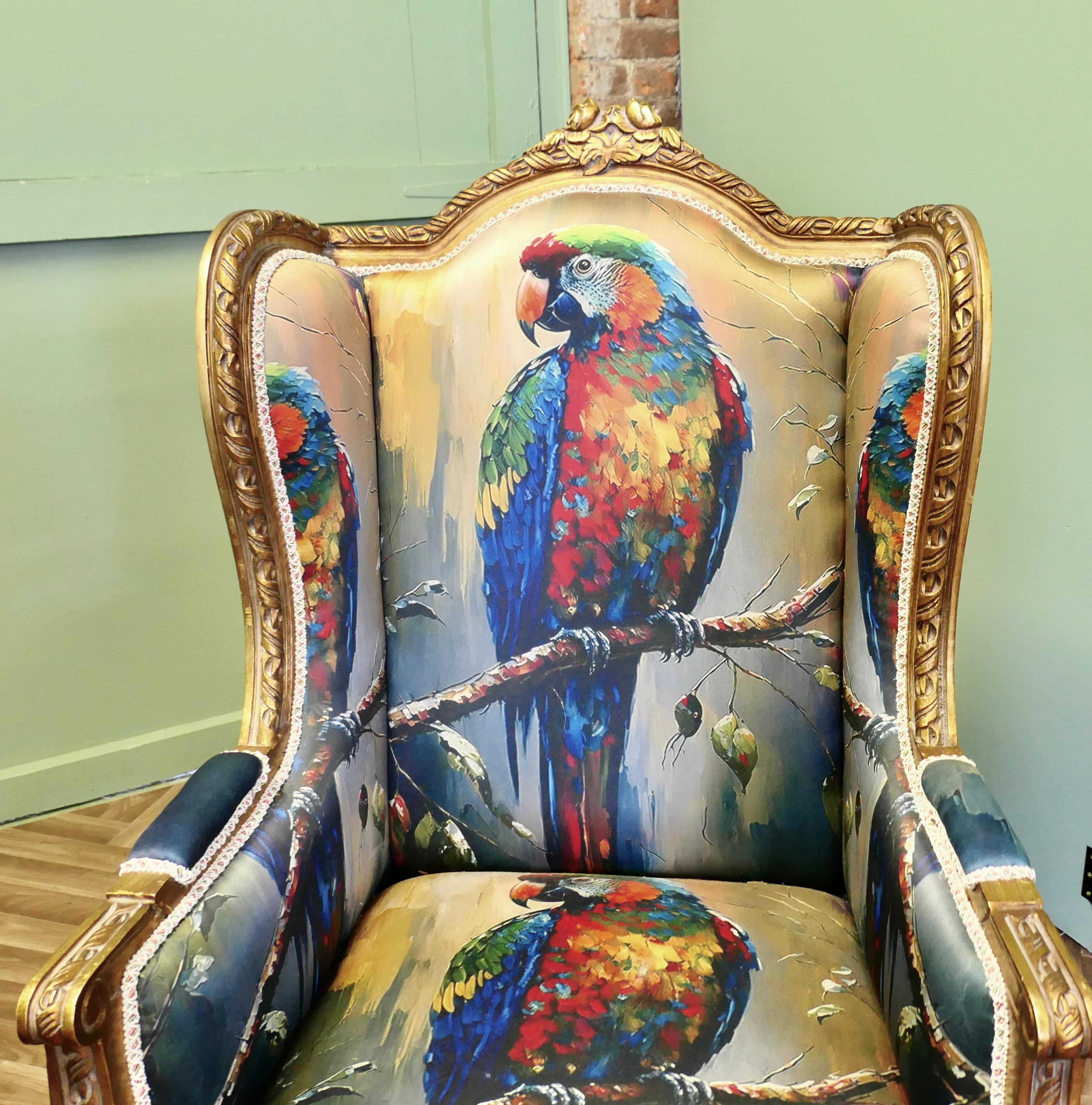 A Pair of Salon Chairs with Silk Parrot Design For Sale 3