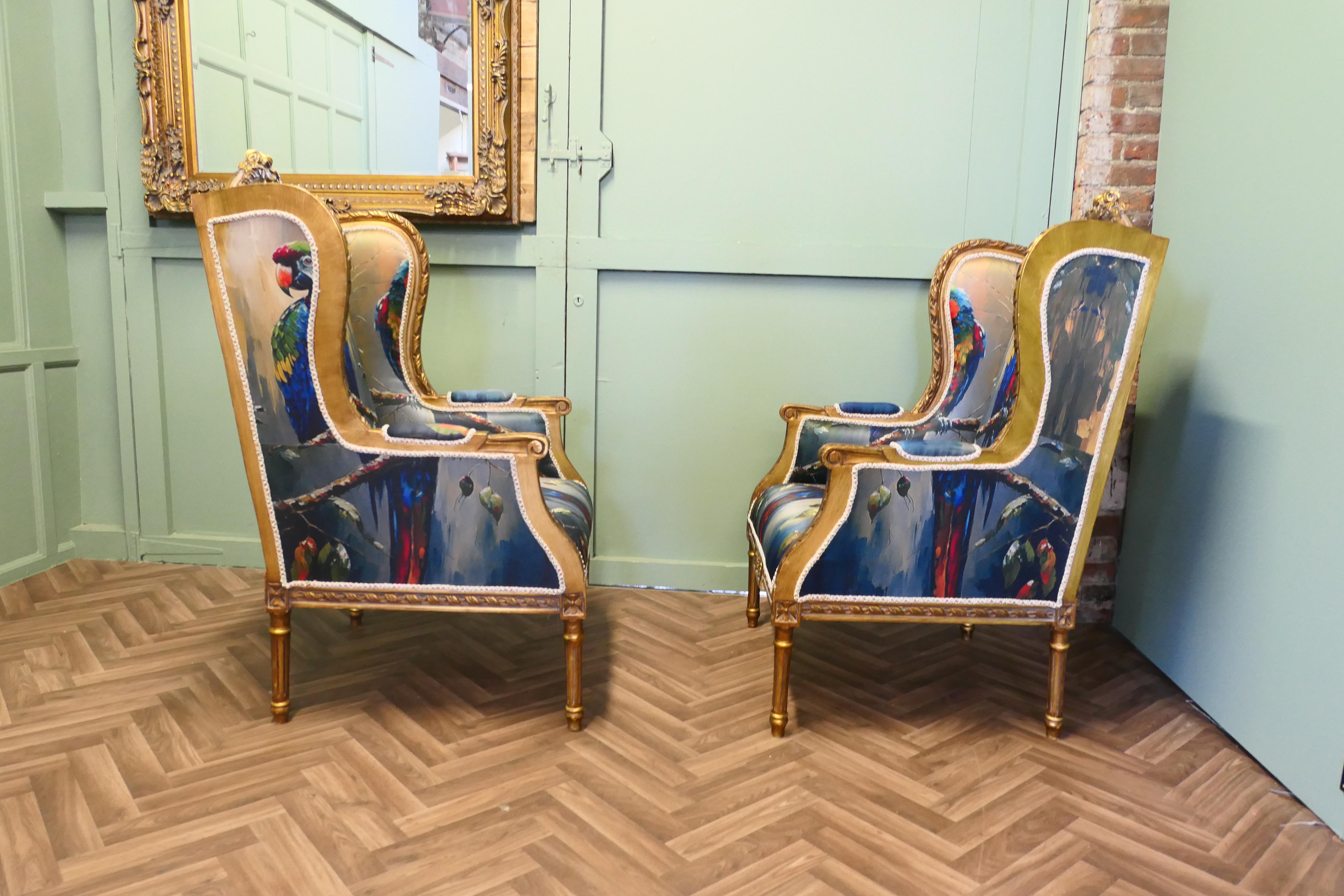 A Pair of Salon Chairs with Silk Parrot Design For Sale 4
