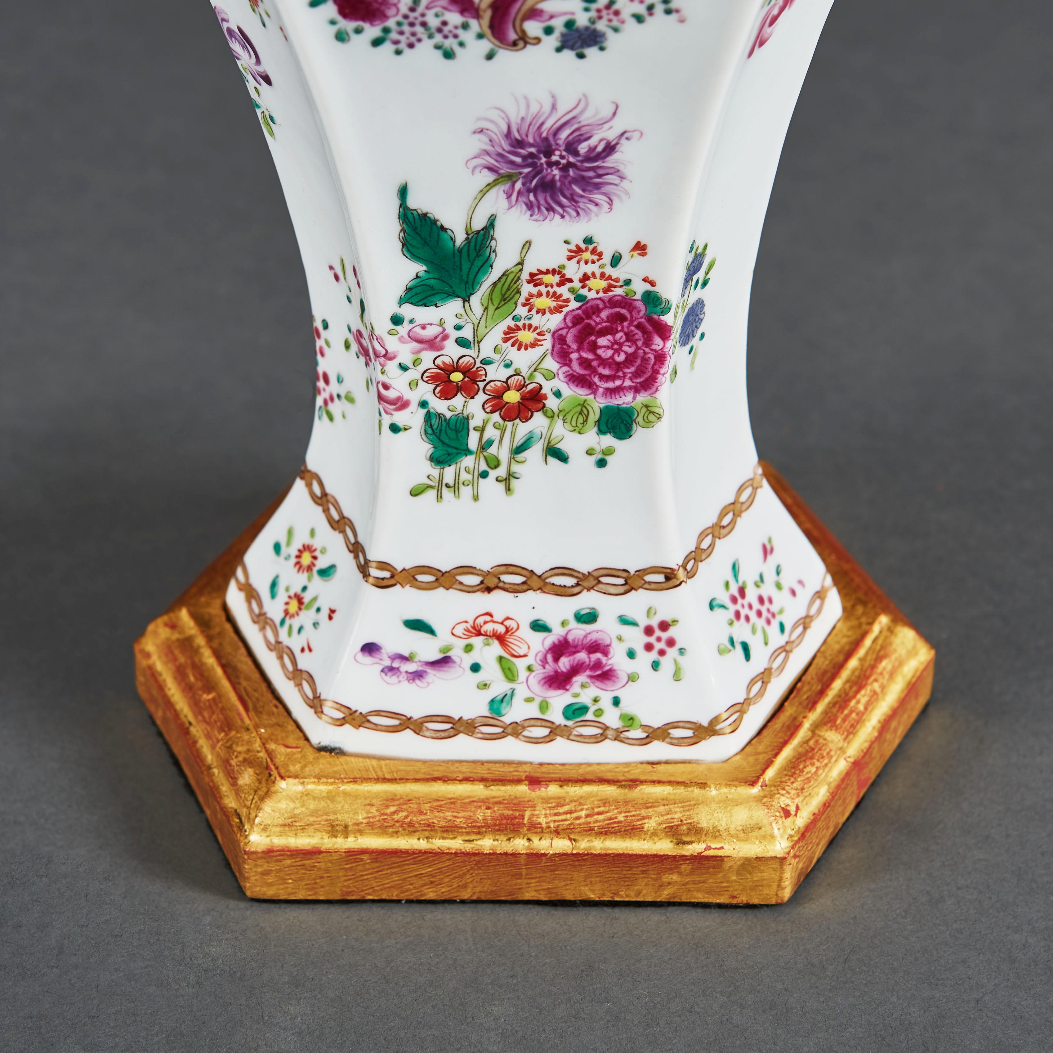 French Pair of Samson Armorial Vases Mounted as Table Lamps with Giltwood Bases