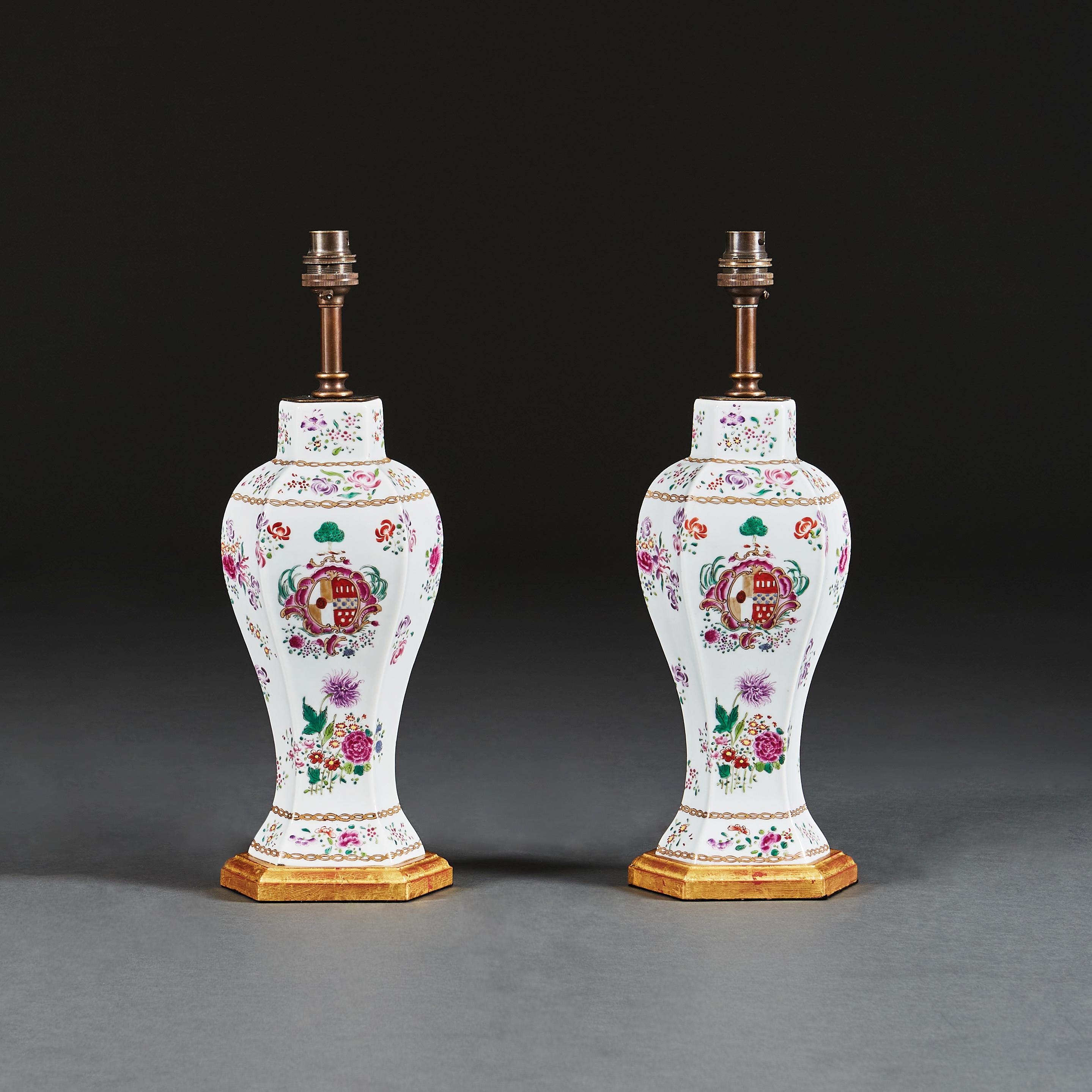 Glazed Pair of Samson Armorial Vases Mounted as Table Lamps with Giltwood Bases