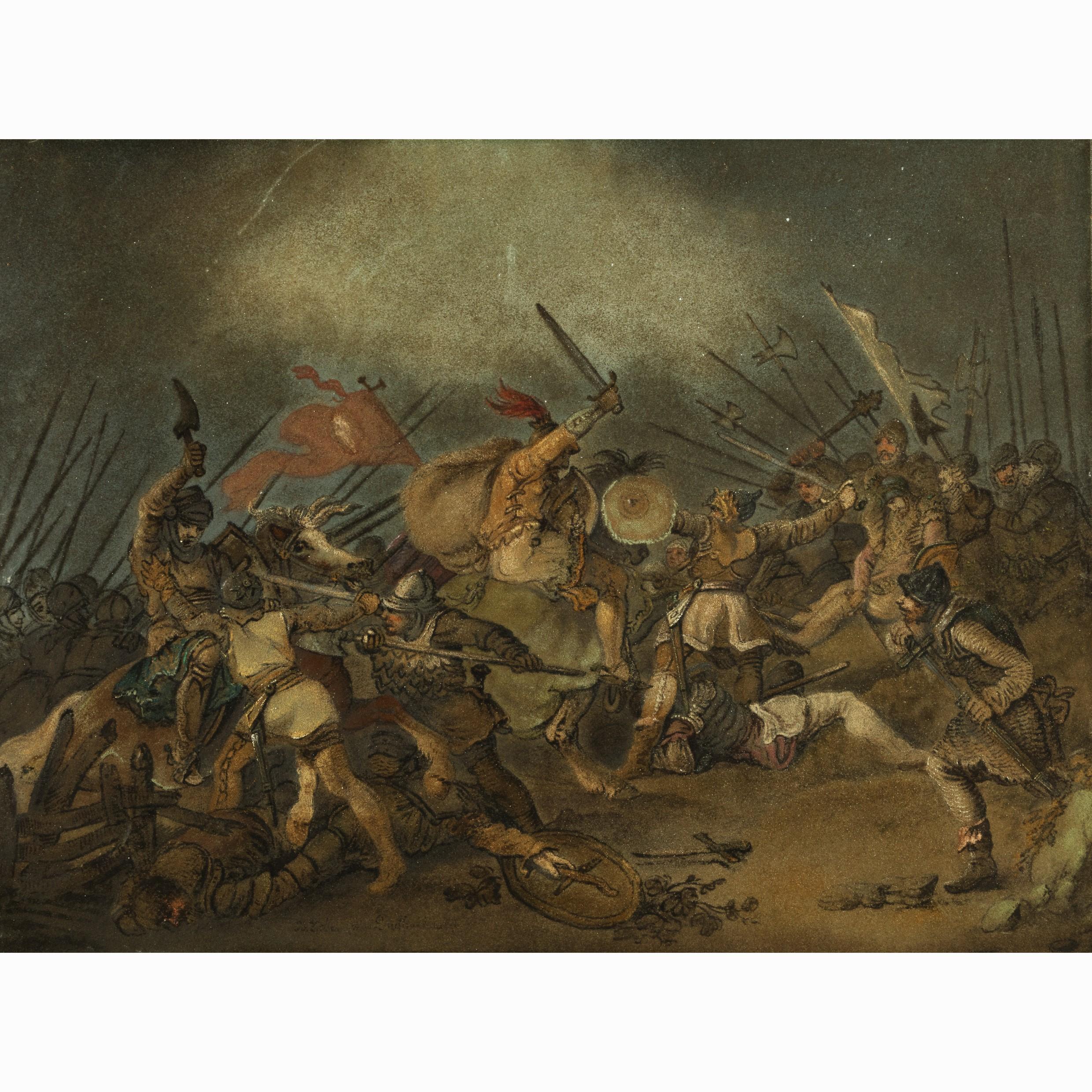 These extraordinary ‘paintings’ were created using coloured grains of sand rather than paints. Each is after an original painting by Philip James de Loutherbourg. The first scene shows the Battle of Hastings with a central mounted figure, presumably