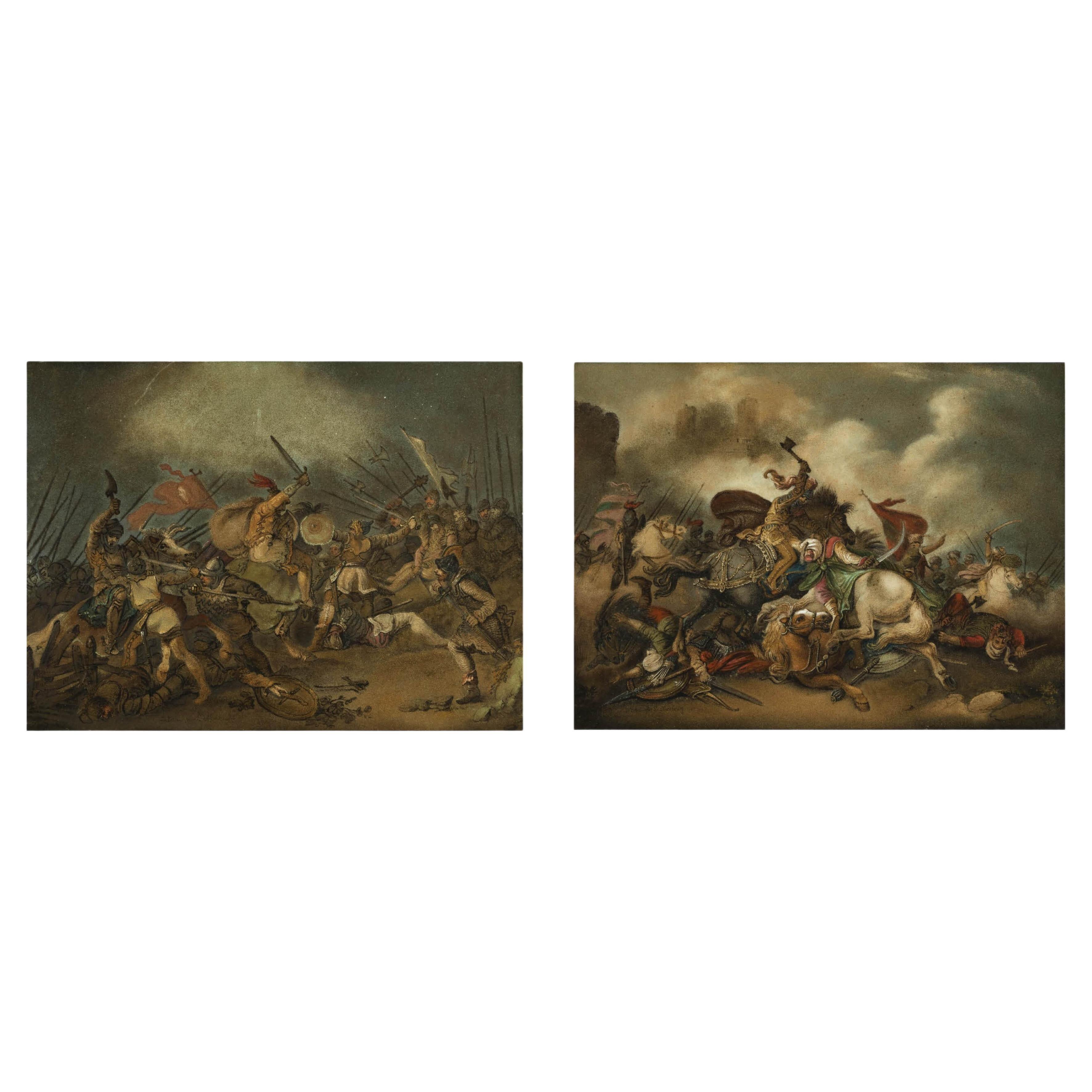 A pair of sand pictures by Benjamin Zobel after paintings by de Loutherbourg For Sale