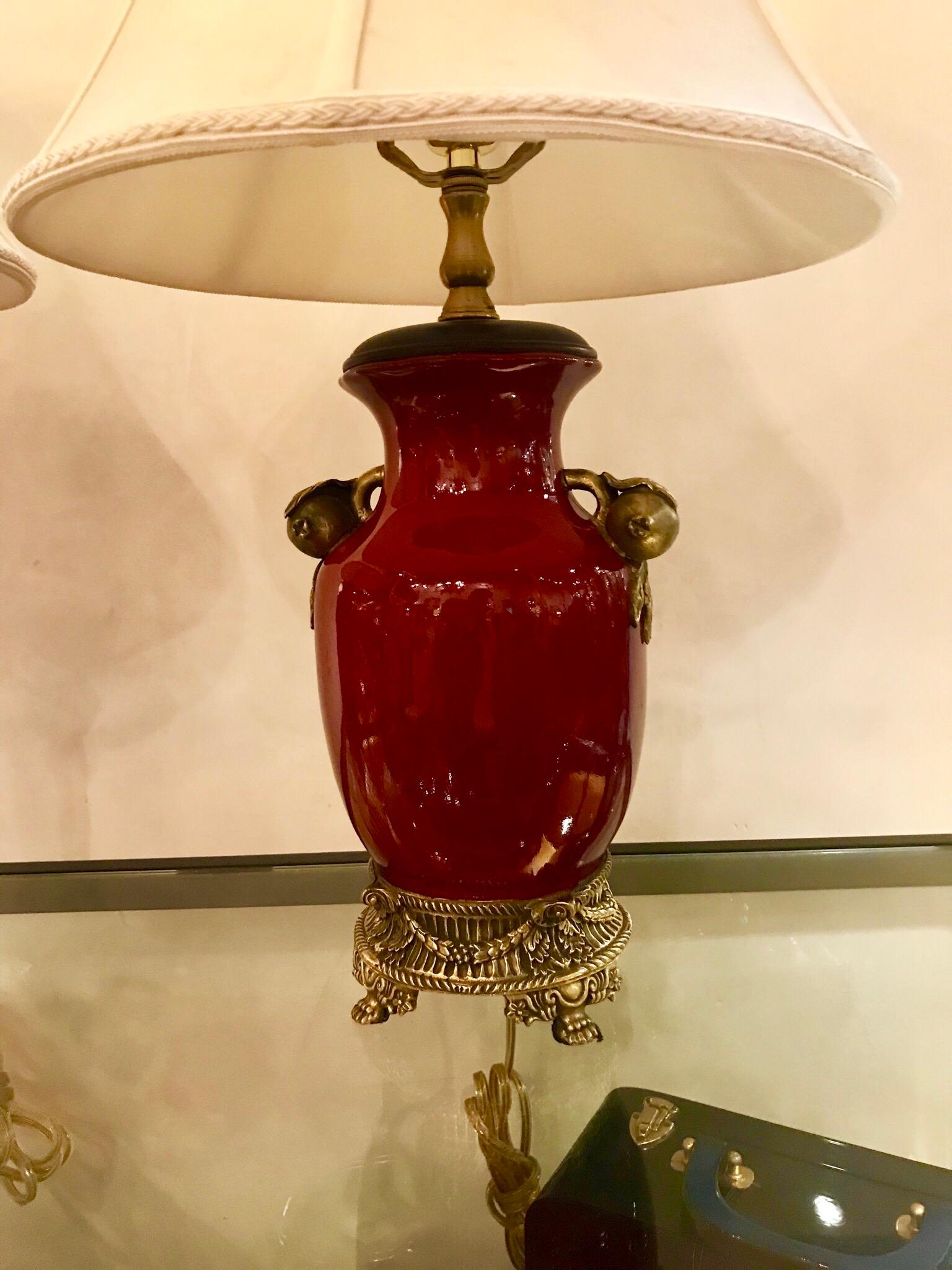 Pair of Sang De Boeuf Porcelain Lamps In Excellent Condition In Lambertville, NJ