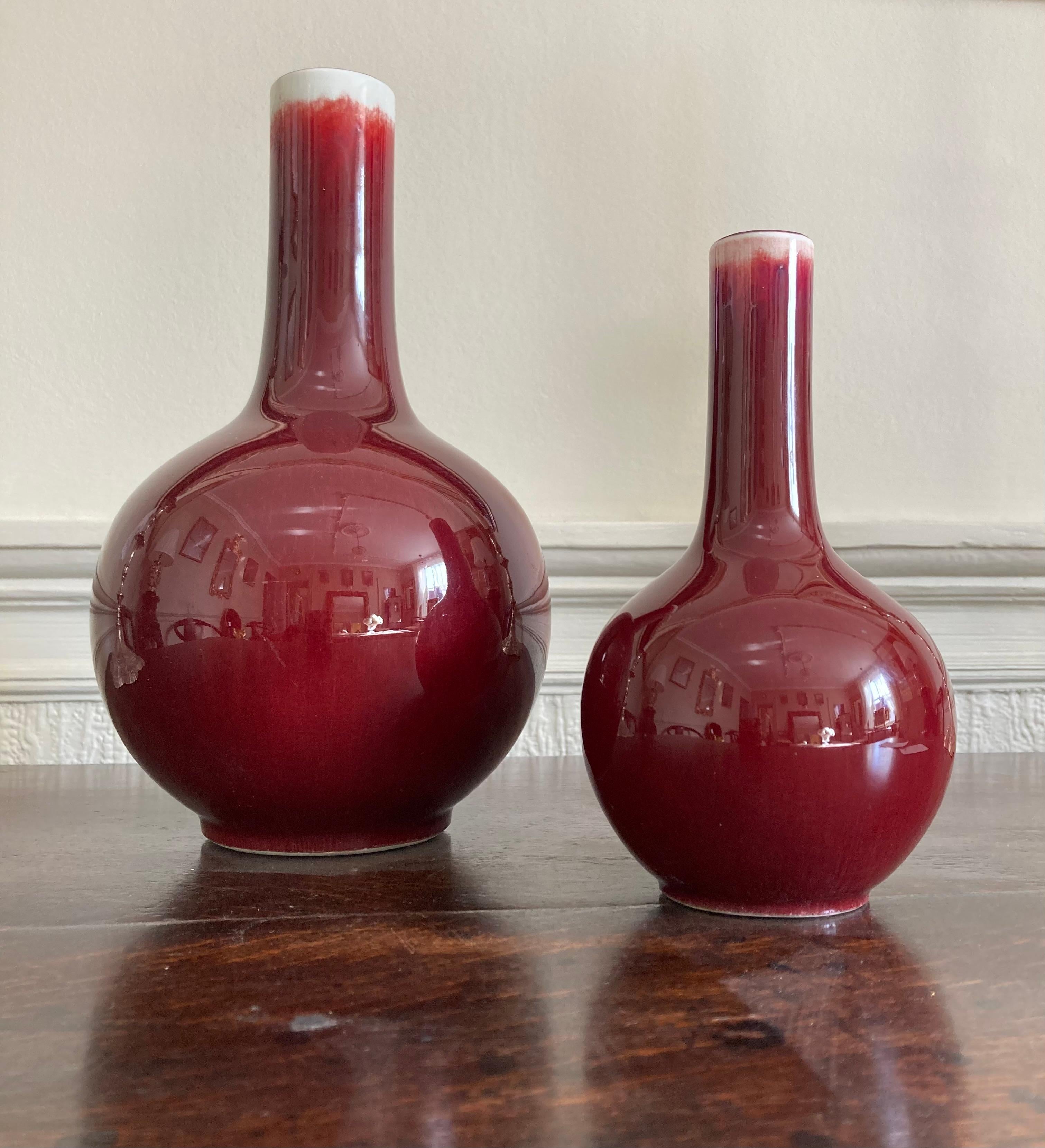 19th Century A pair of Sang De Bouef Red Flambe flask vases For Sale