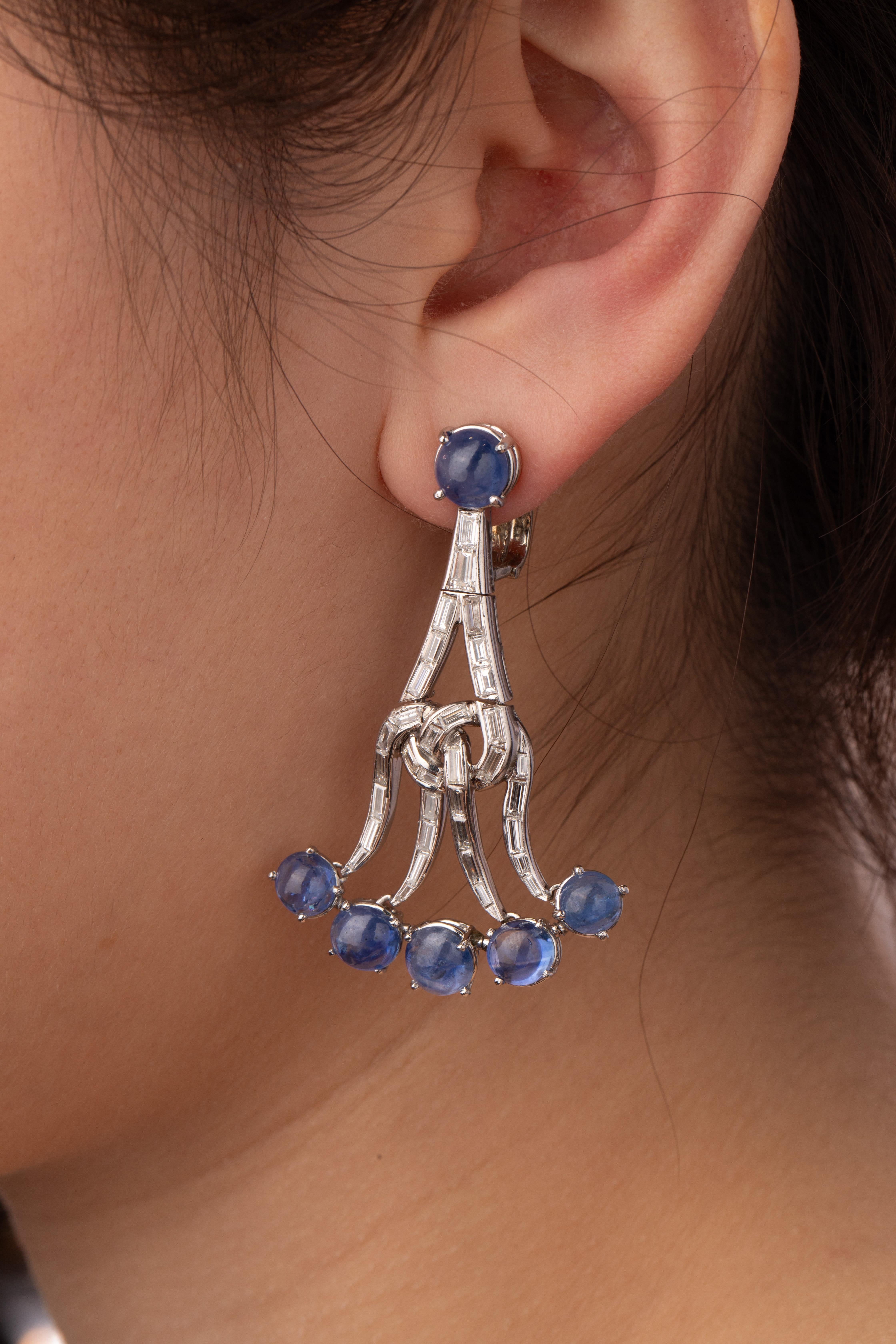 Cabochon A Pair of Sapphire and Diamond Chandelier Ear-Pendants, circa 1980. For Sale