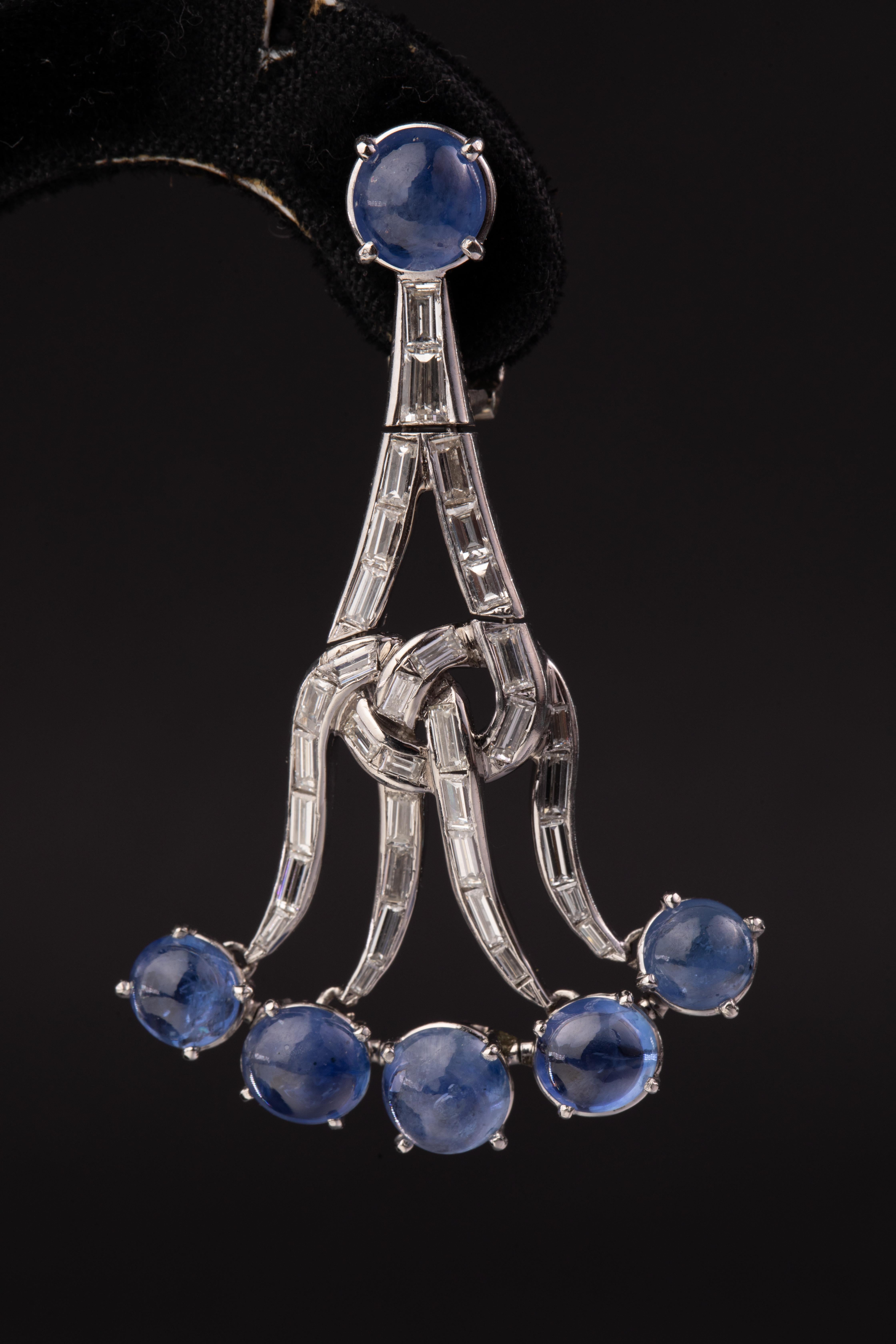 A Pair of Sapphire and Diamond Chandelier Ear-Pendants, circa 1980. In Good Condition For Sale In New York, NY
