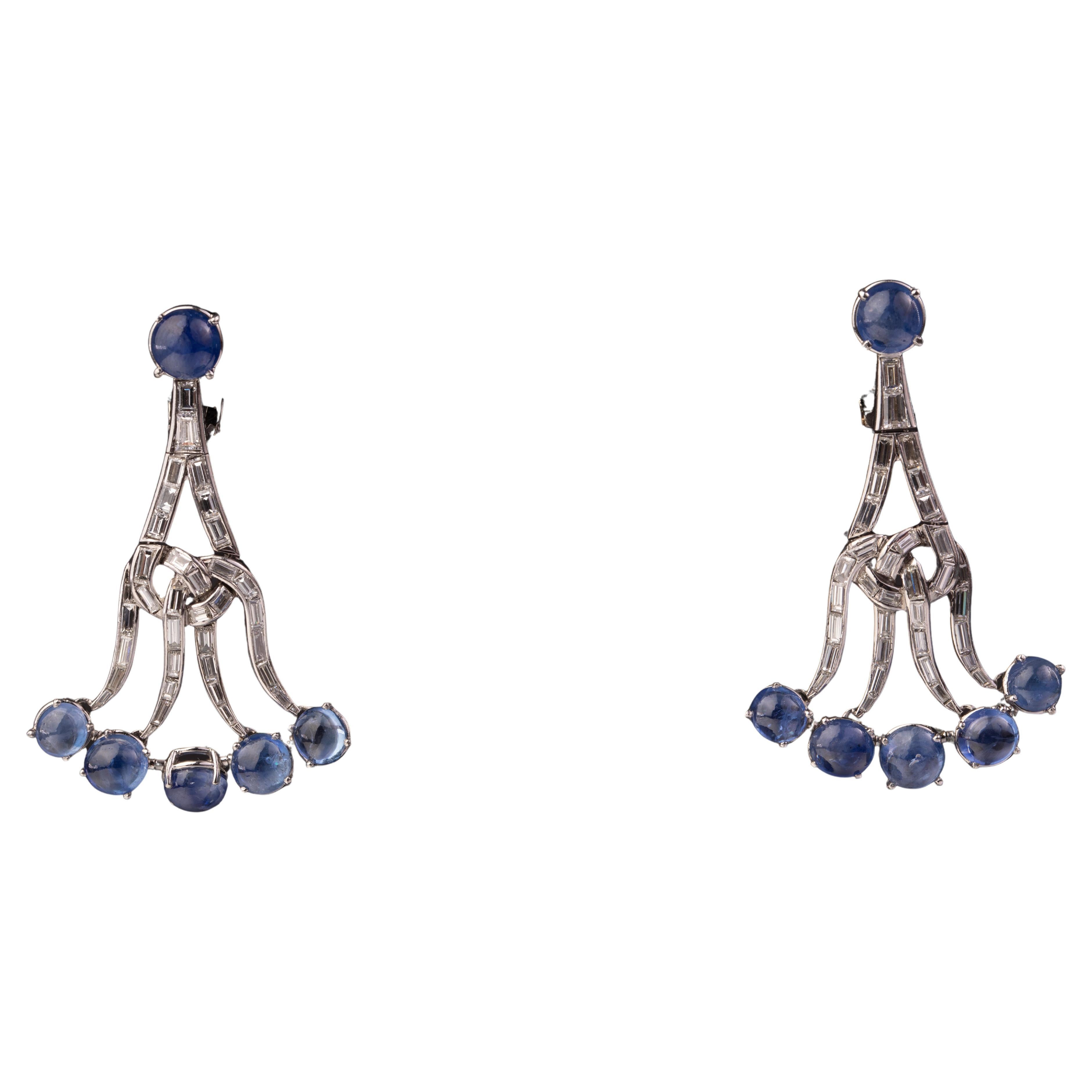 A Pair of Sapphire and Diamond Chandelier Ear-Pendants, circa 1980. For Sale