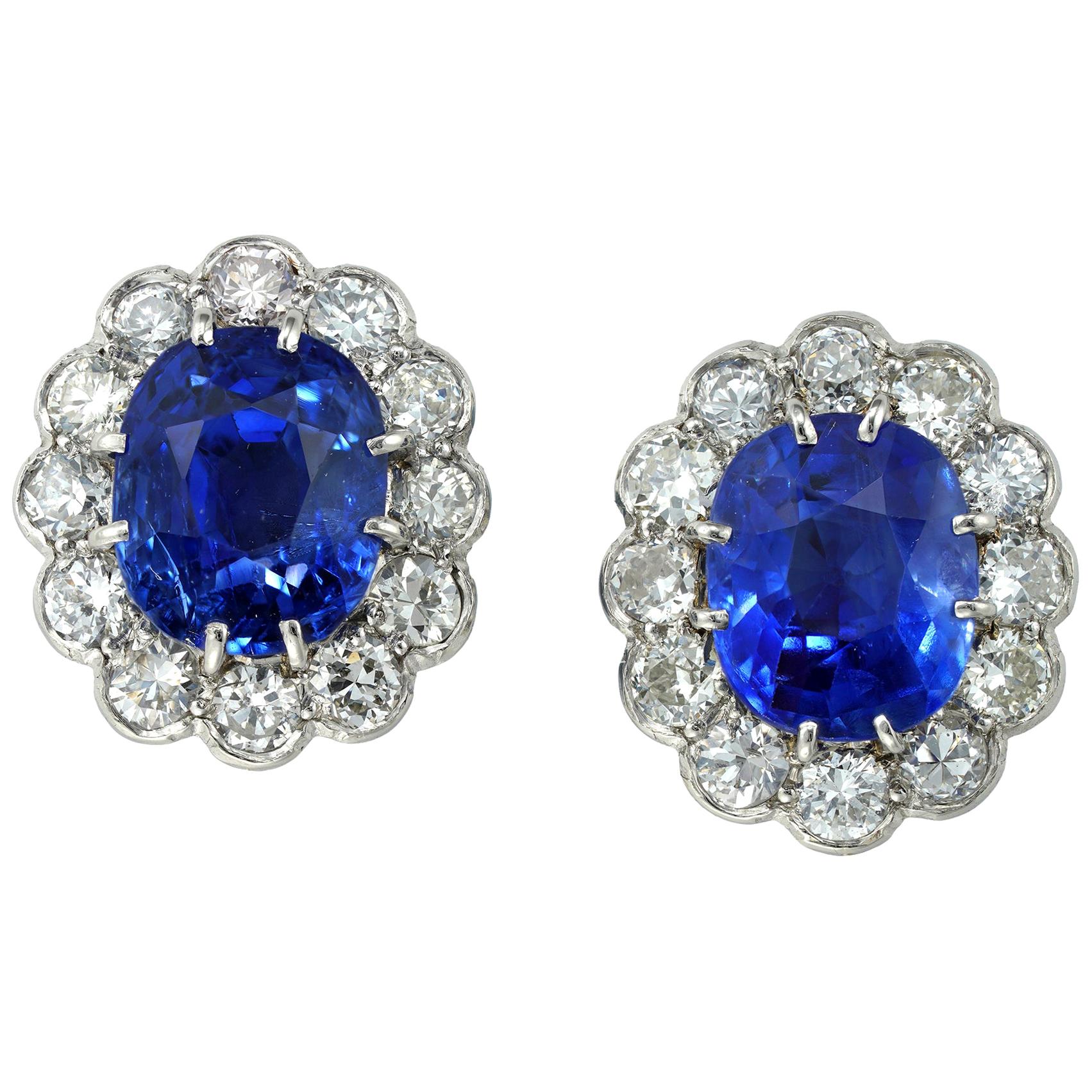 A Pair Vintage Of Sapphire And Diamond Cluster Earrings For Sale