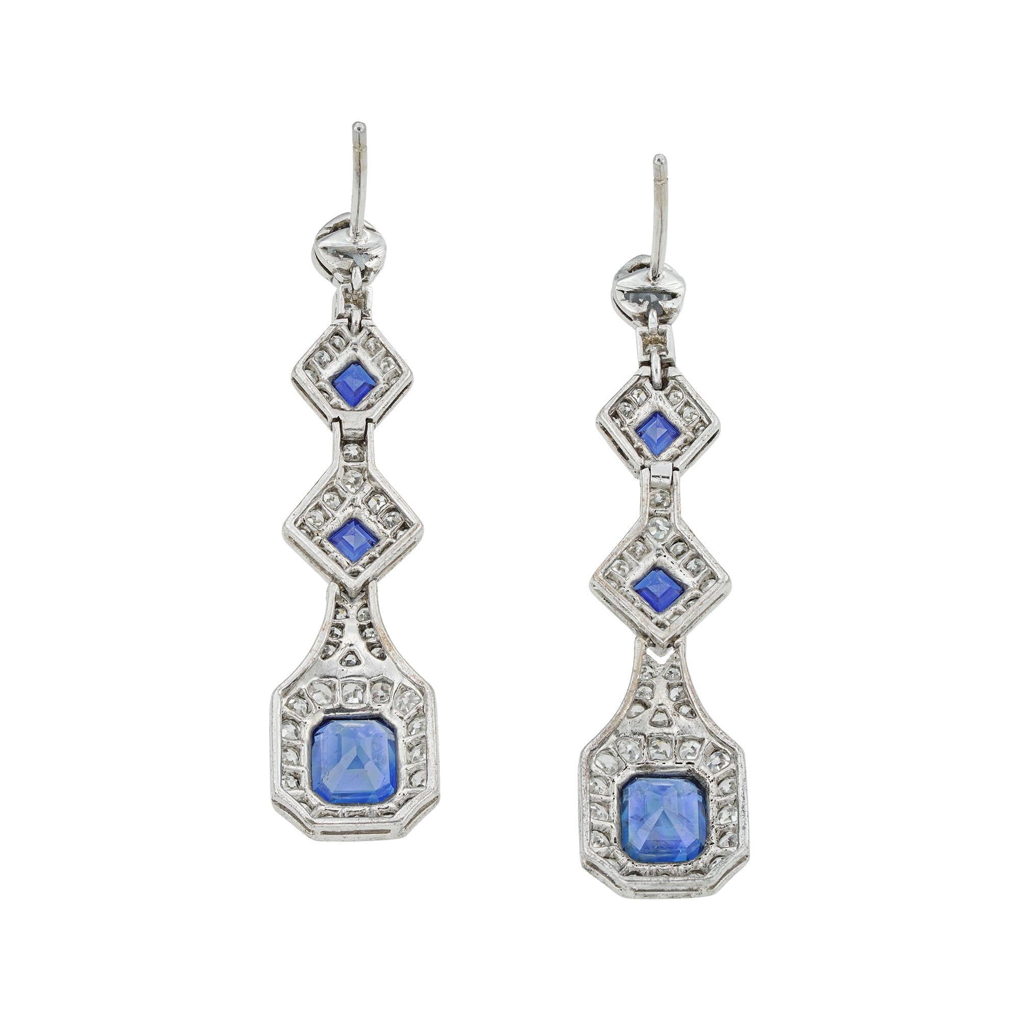 Retro Pair of Sapphire and Diamond Drop Earrings